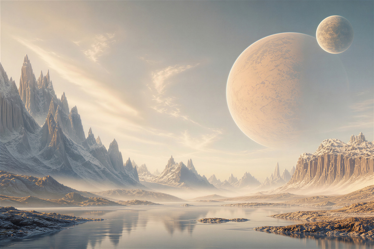 Fototapeta fantastyczny krajobraz z planetami i lodowymi górami