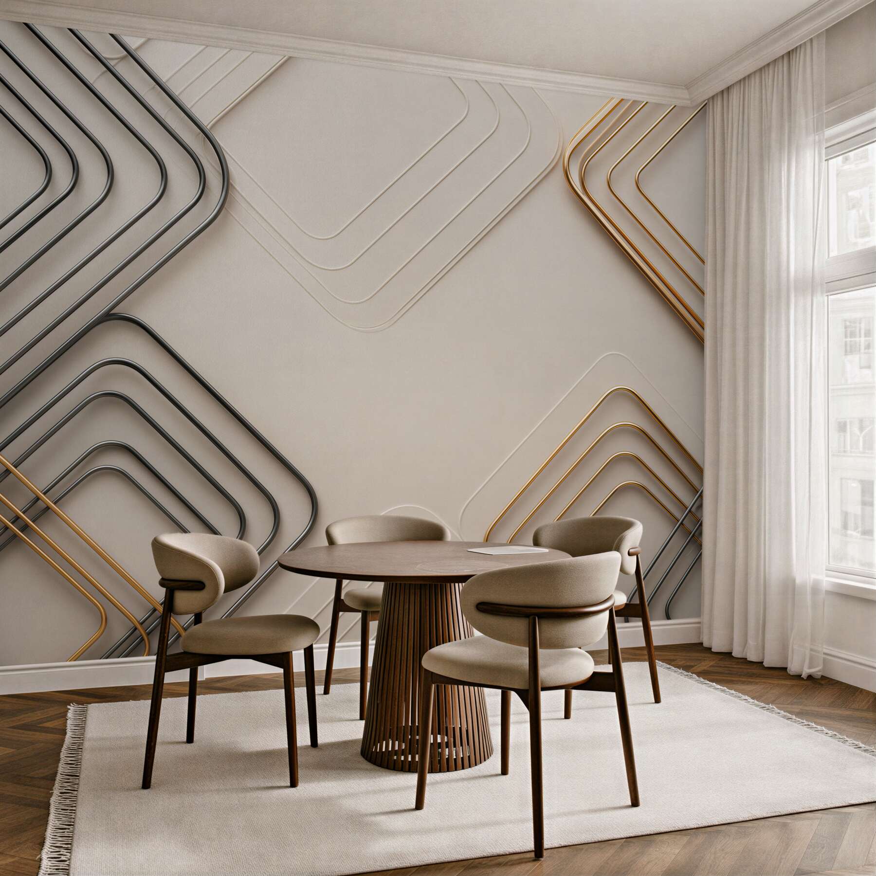Fototapeta geometryczne złote i grafitowe linie 3D na beżowym tle