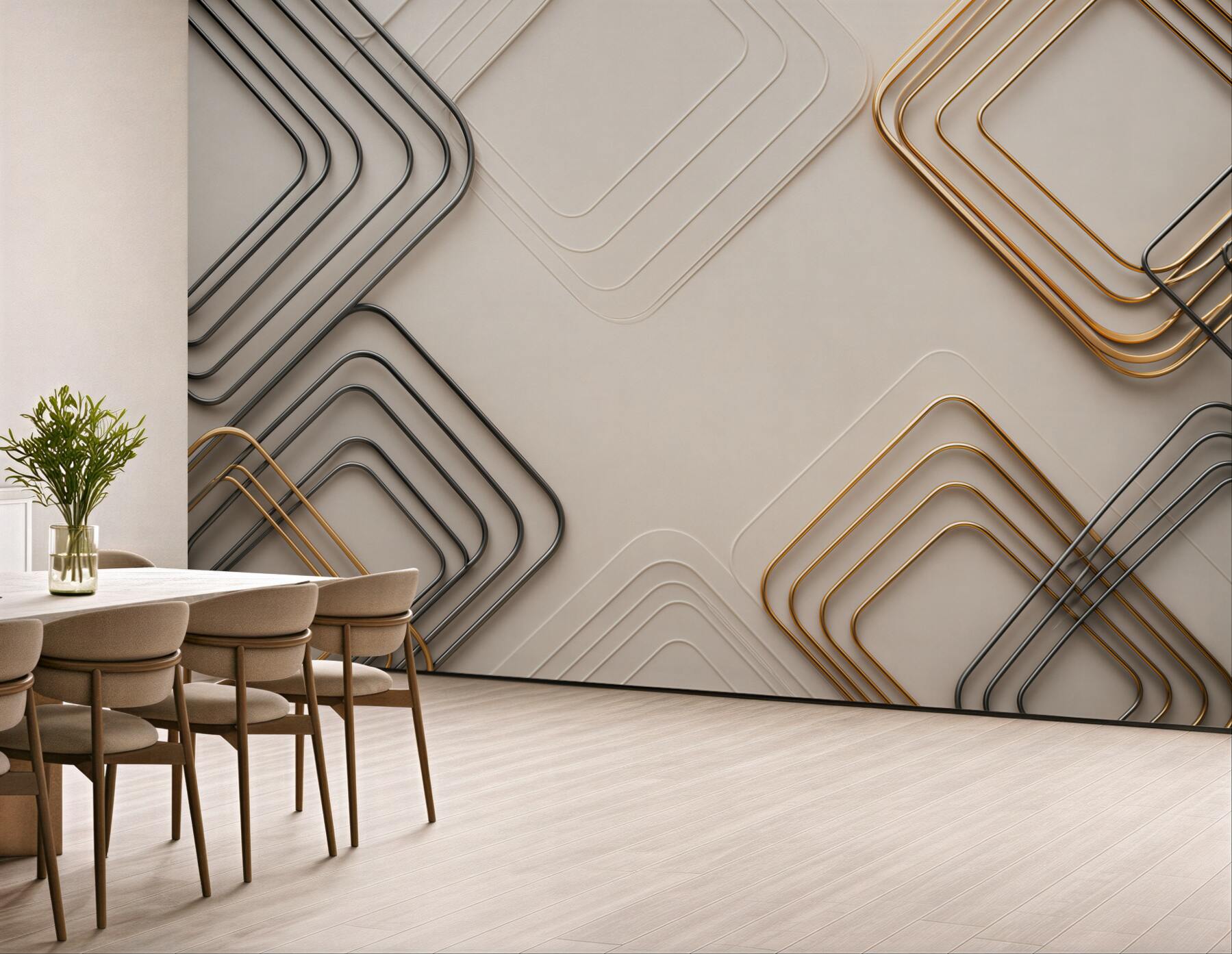 Fototapeta geometryczne złote i grafitowe linie 3D na beżowym tle