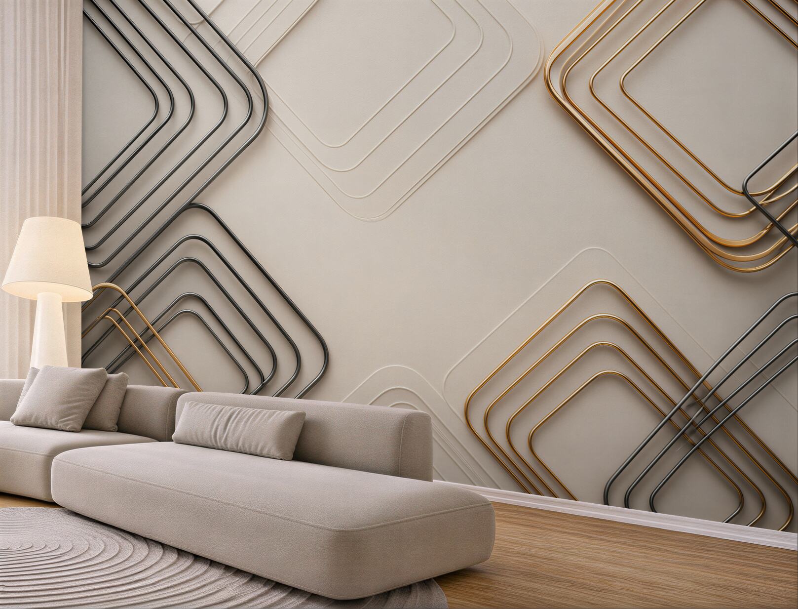 Fototapeta geometryczne złote i grafitowe linie 3D na beżowym tle