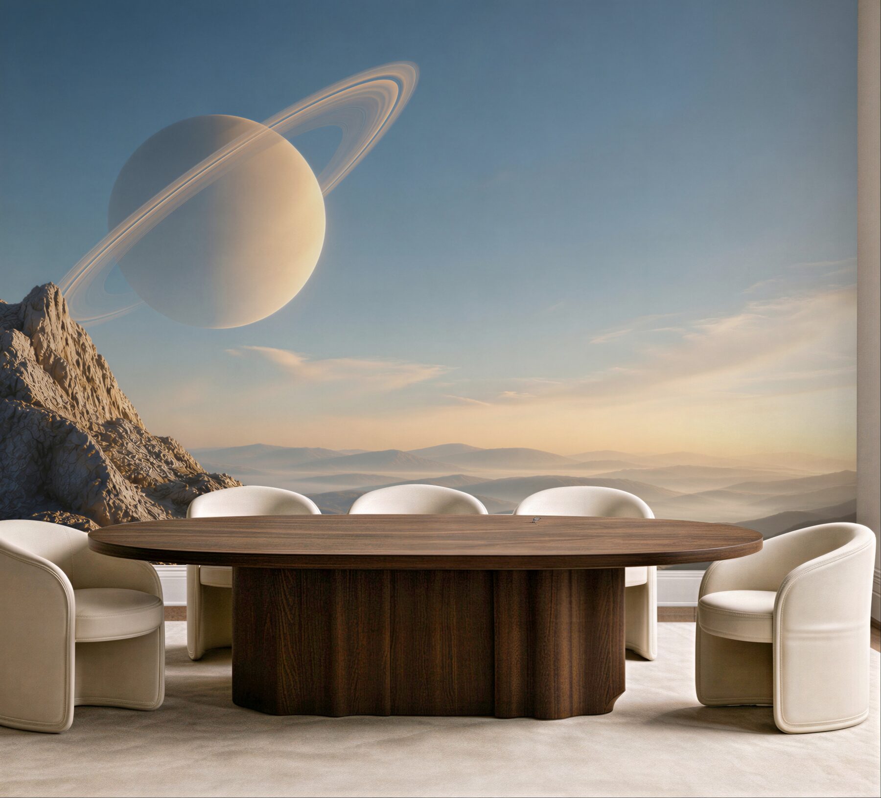 Fototapeta planeta z pierścieniami nad górskim krajobrazem fantasy
