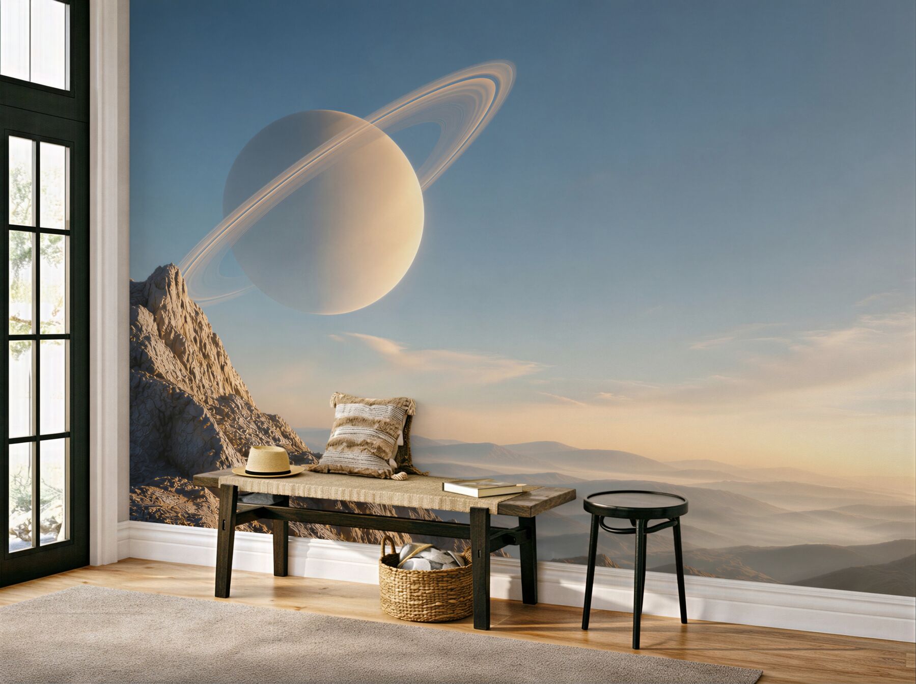 Fototapeta planeta z pierścieniami nad górskim krajobrazem fantasy
