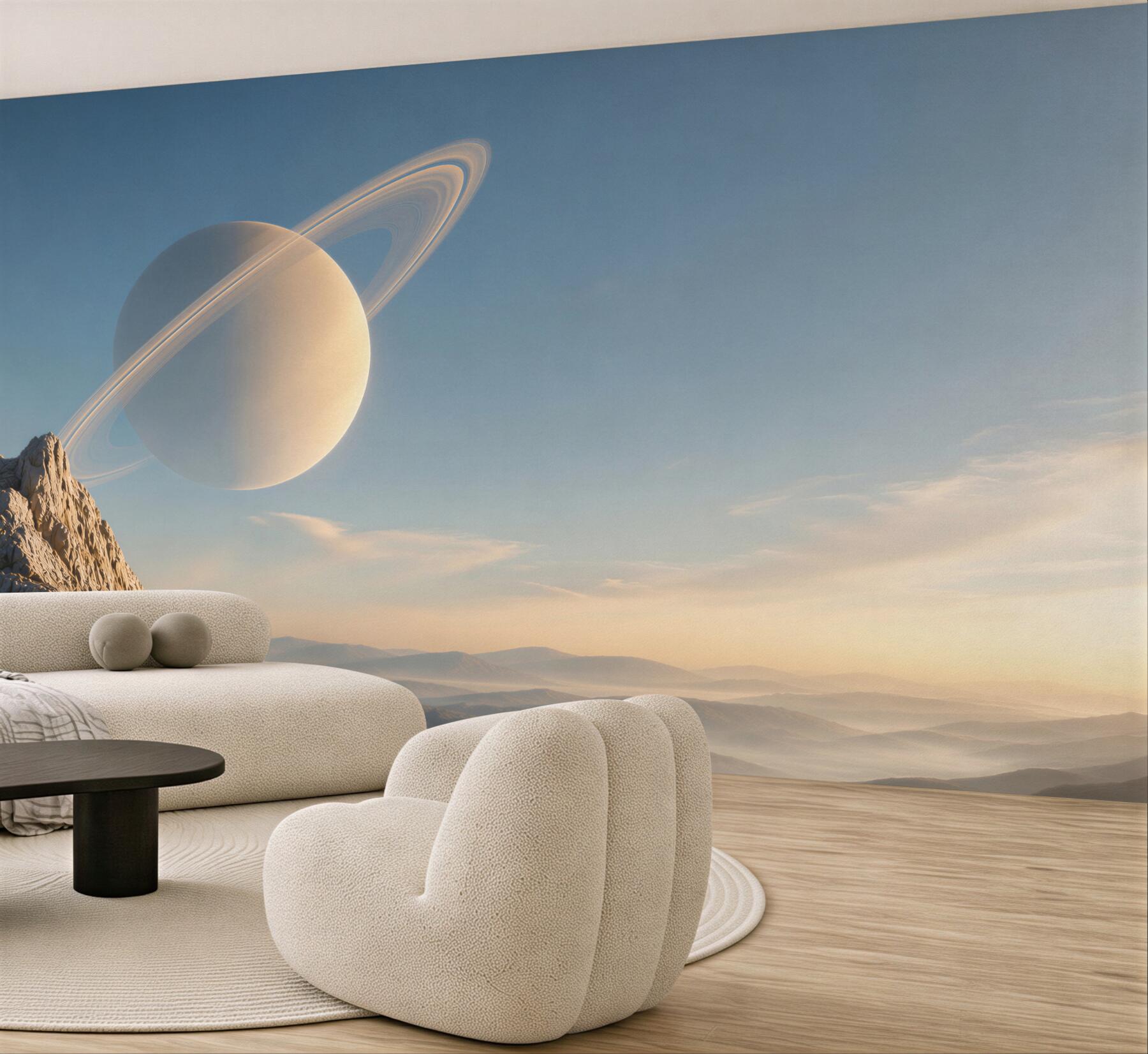 Fototapeta planeta z pierścieniami nad górskim krajobrazem fantasy