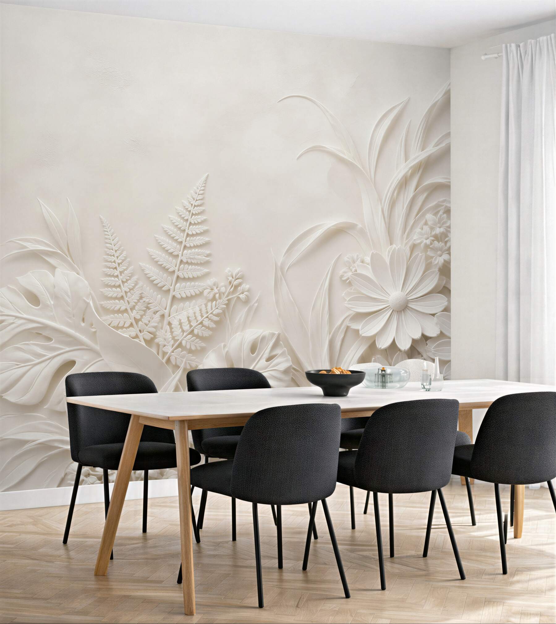 Fototapeta kremowe kwiaty i liście 3D subtelna botaniczna