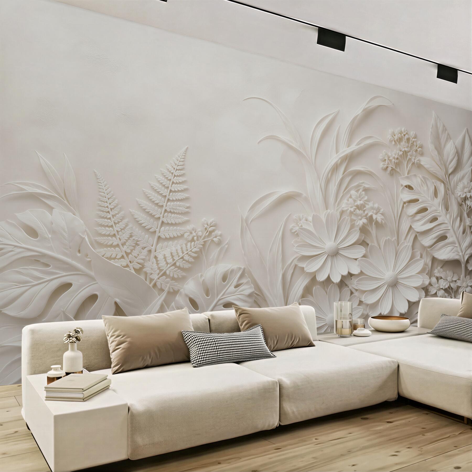 Fototapeta kremowe kwiaty i liście 3D subtelna botaniczna
