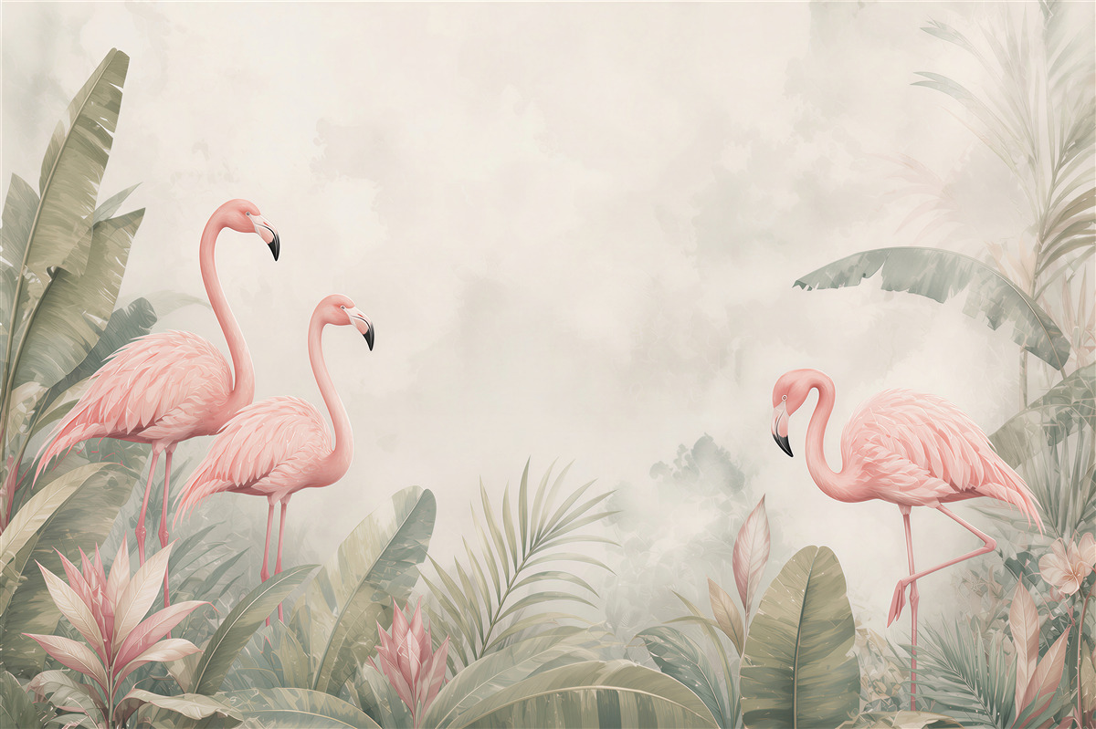 Fototapeta różowe flamingi w tropikalnych liściach pastelowa