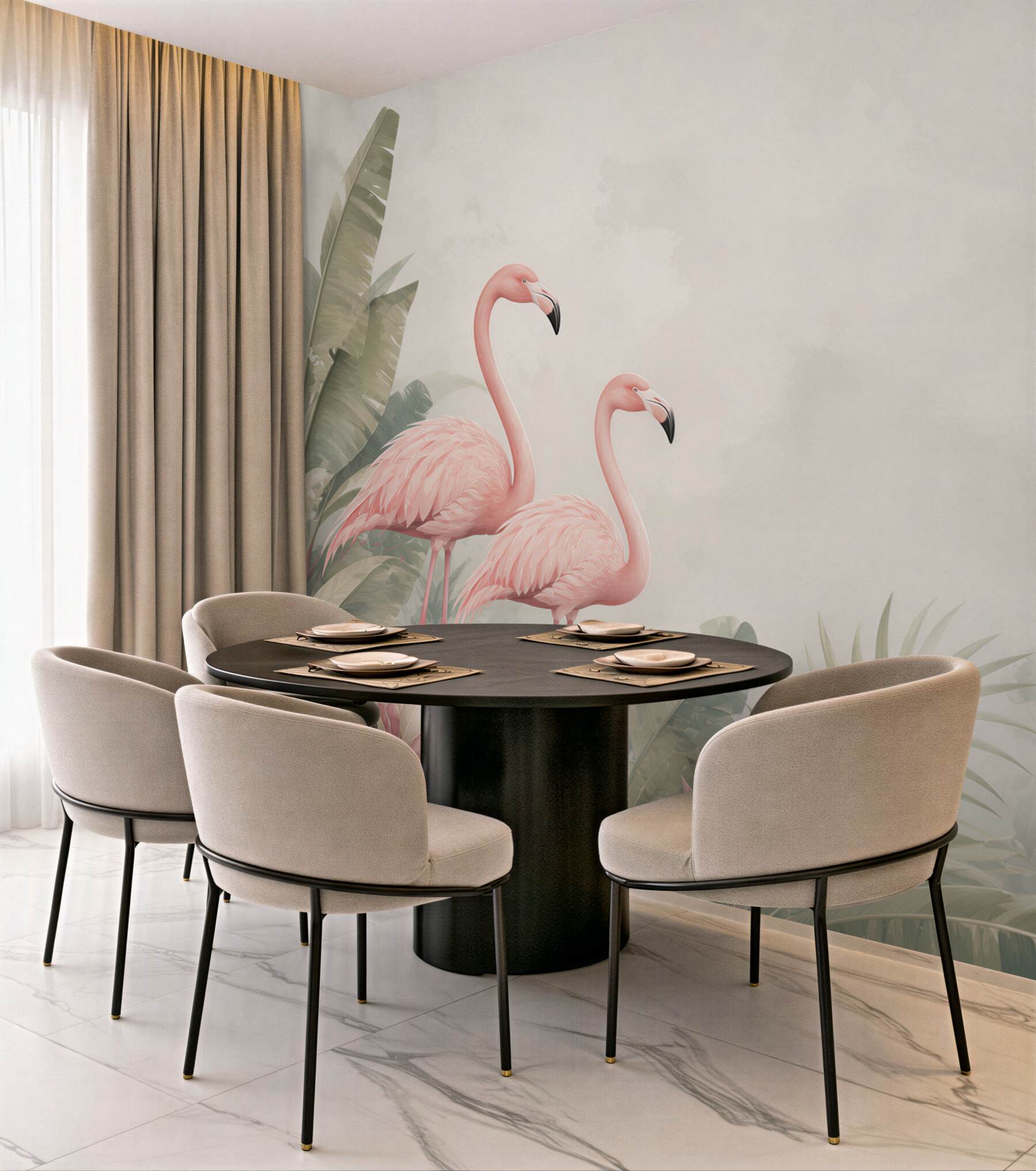 Fototapeta różowe flamingi w tropikalnych liściach pastelowa