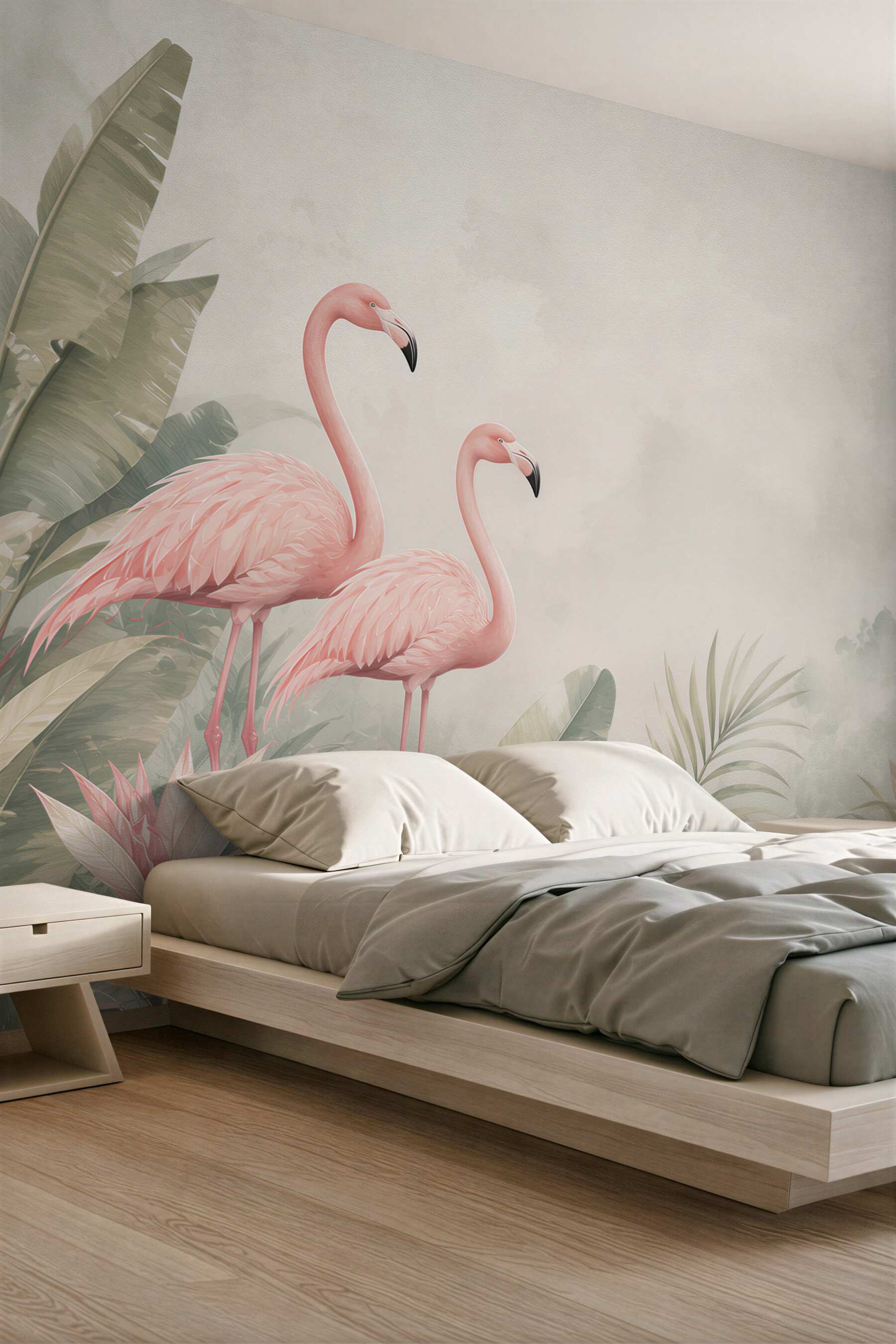 Fototapeta różowe flamingi w tropikalnych liściach pastelowa