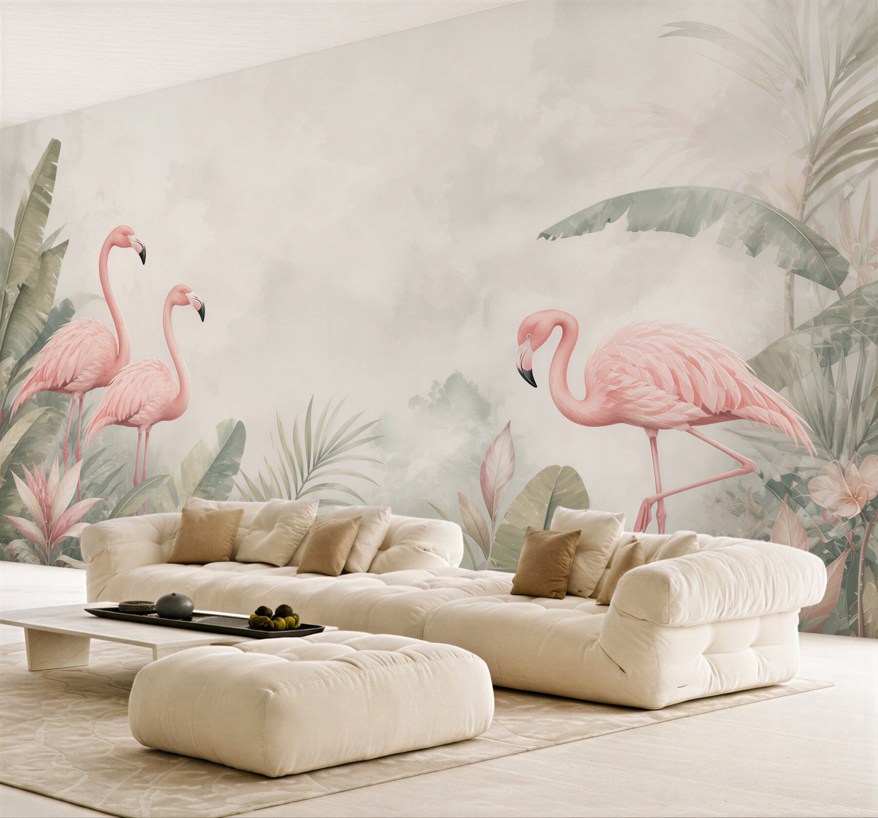Fototapeta różowe flamingi w tropikalnych liściach pastelowa