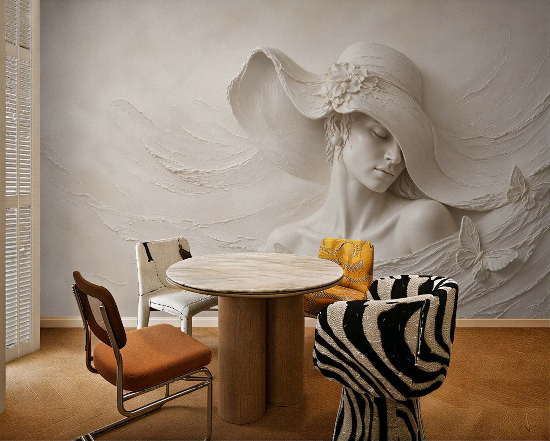 Fototapeta kobieta w kapeluszu z motylami beżowa elegancka 3D