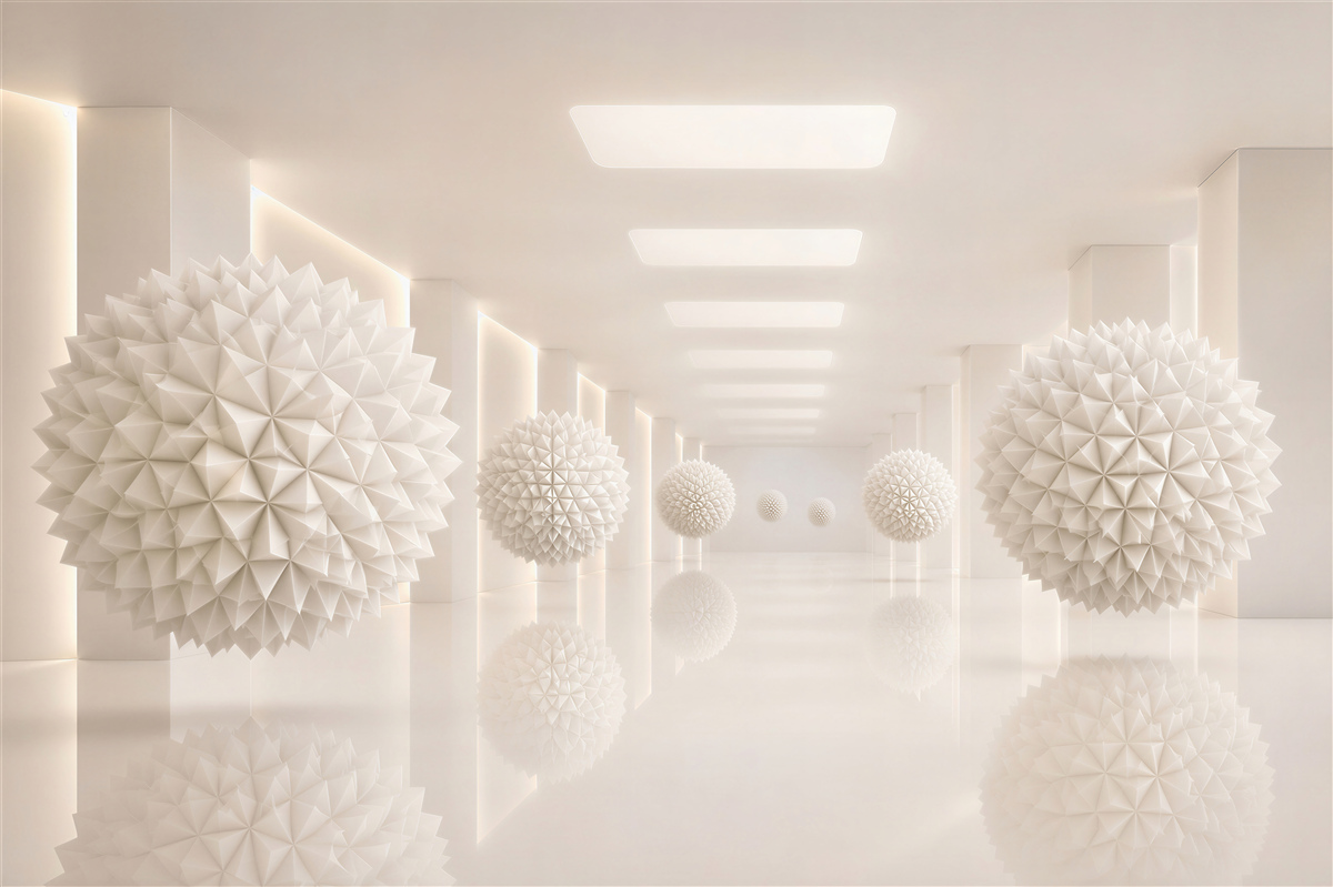 Fototapeta białe geometryczne kule w nowoczesnym wnętrzu 3D