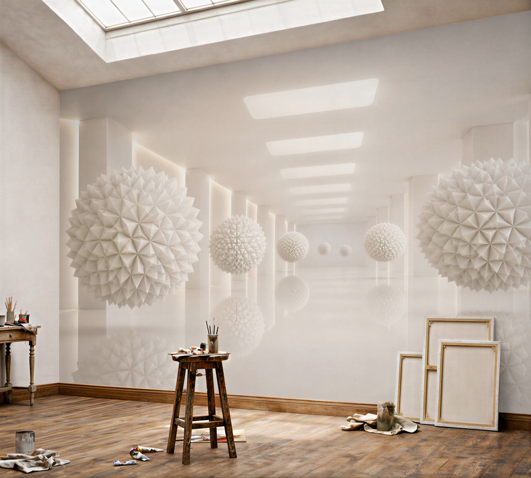 Fototapeta białe geometryczne kule w nowoczesnym wnętrzu 3D