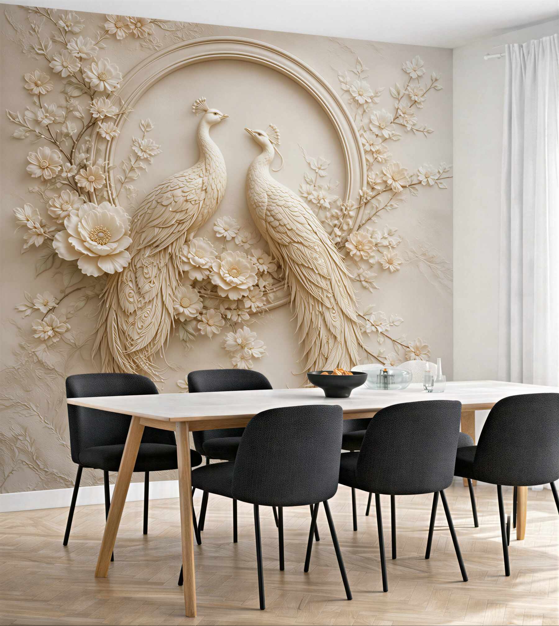 Fototapeta pawie w kwiatach beżowa elegancja w stylu 3D