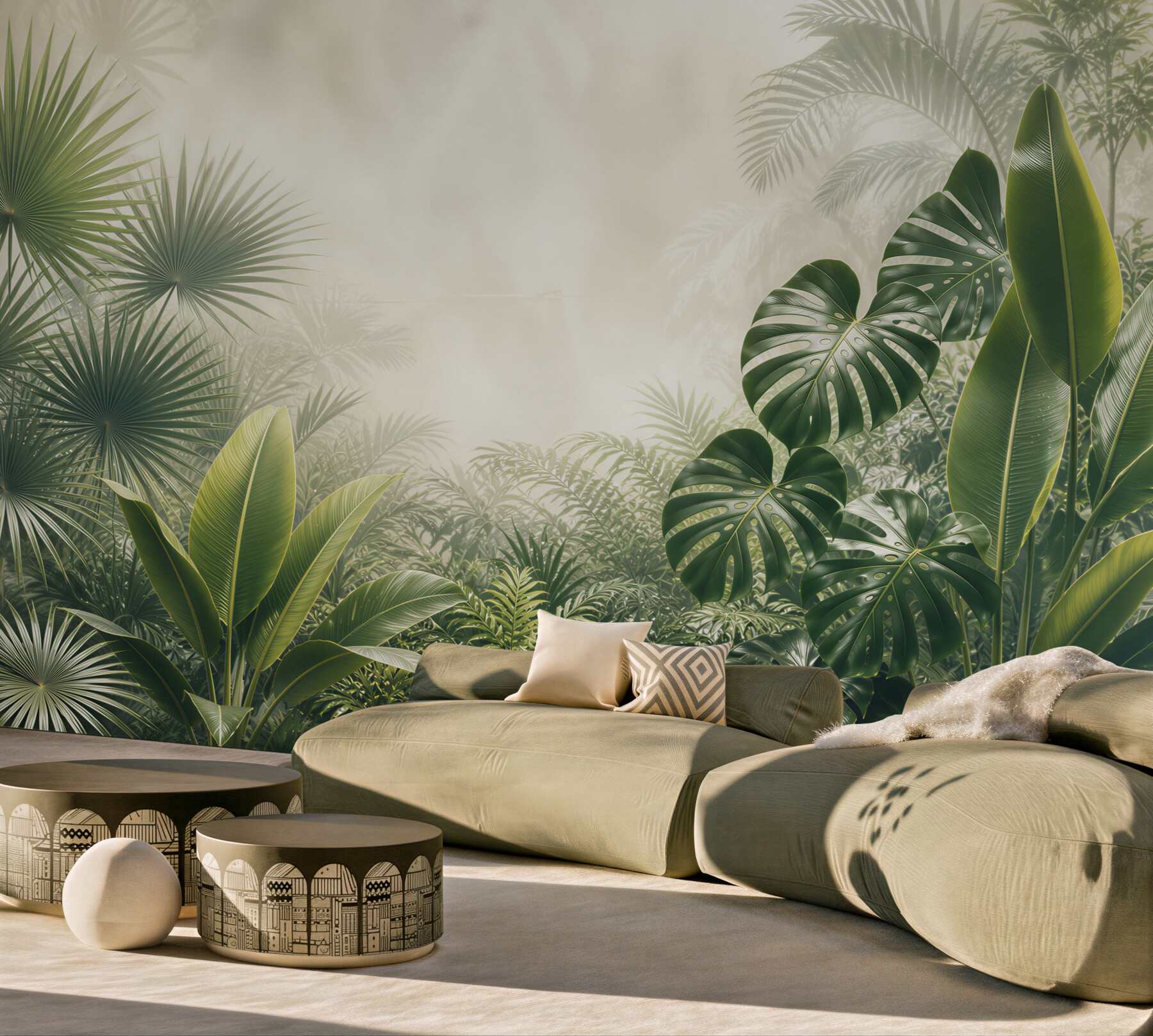 Fototapeta tropikalne liście monstera i palmy zielona dżungla do salonu