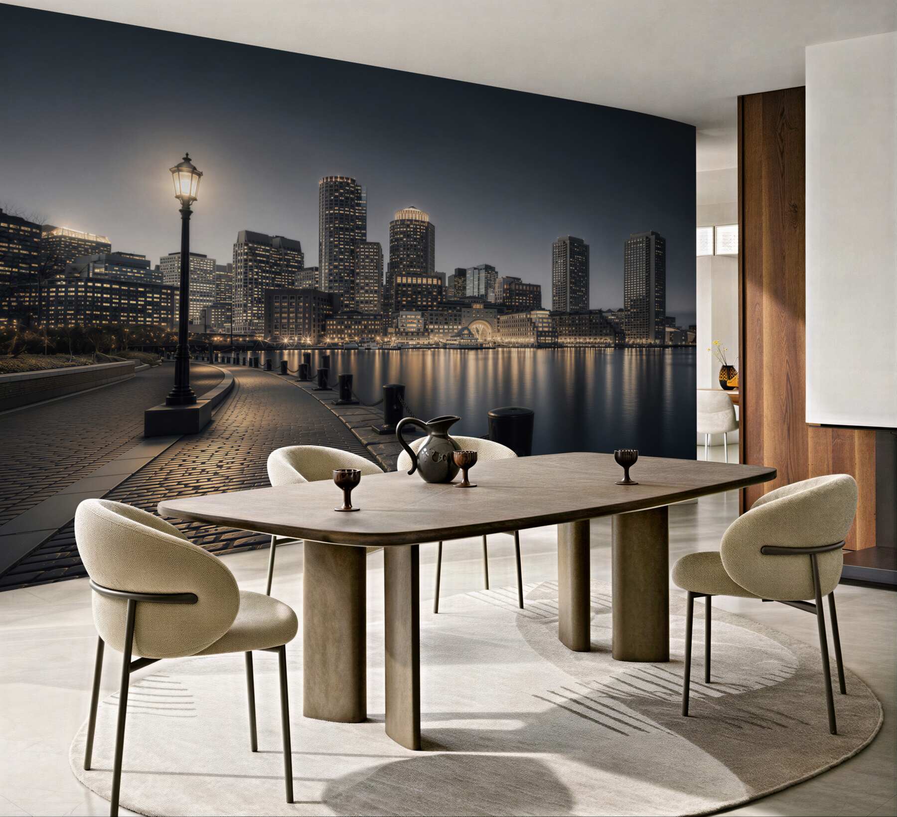 Fototapeta panorama miasta nocą nad wodą elegancka do nowoczesnego salonu