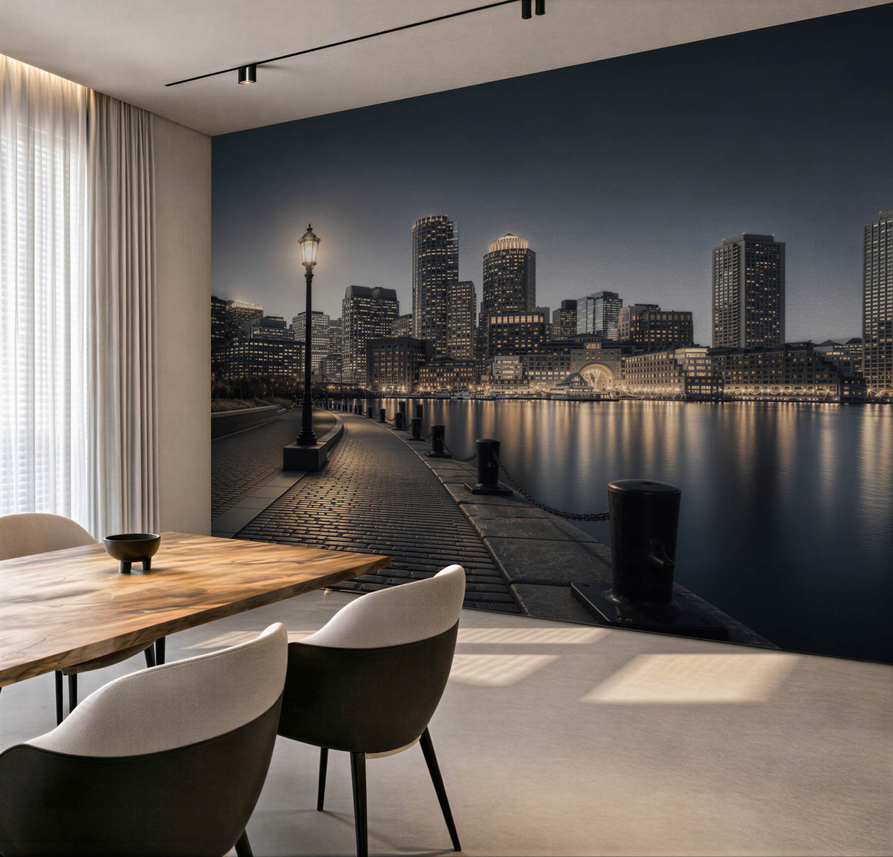 Fototapeta panorama miasta nocą nad wodą elegancka do nowoczesnego salonu