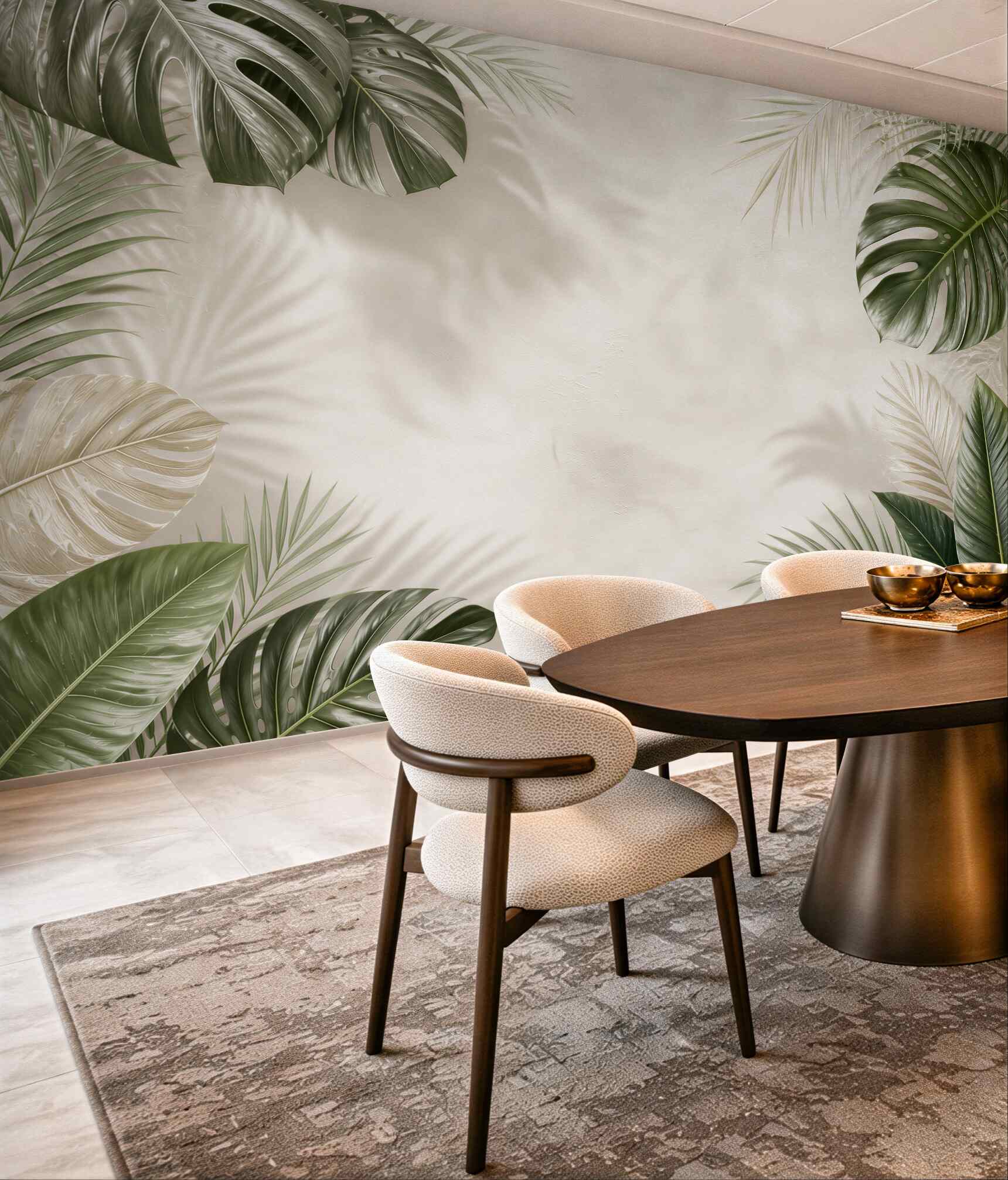 Fototapeta liście tropikalne monstera i palma na jasnym tle beżowo zielona