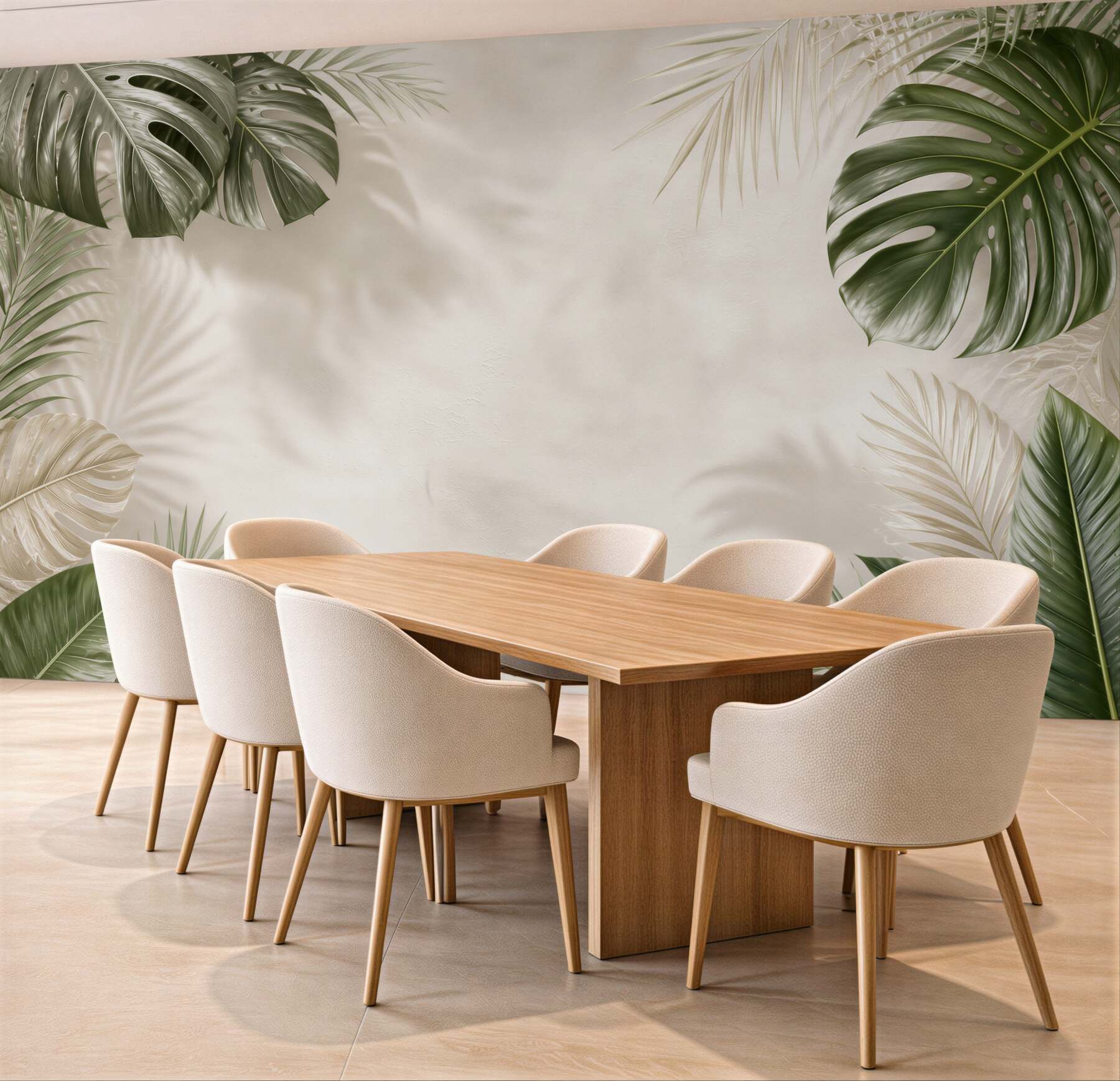 Fototapeta liście tropikalne monstera i palma na jasnym tle beżowo zielona