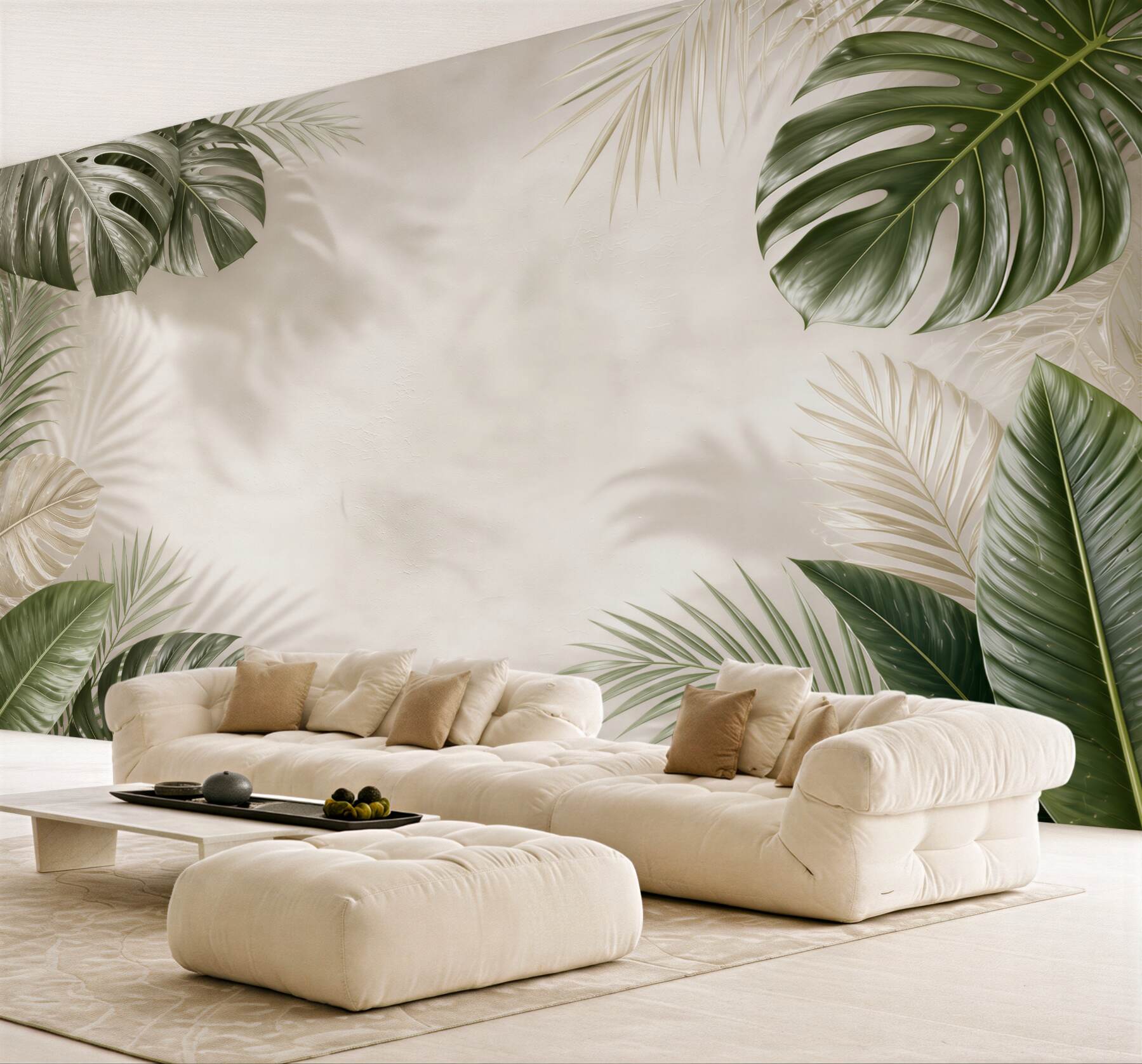 Fototapeta liście tropikalne monstera i palma na jasnym tle beżowo zielona