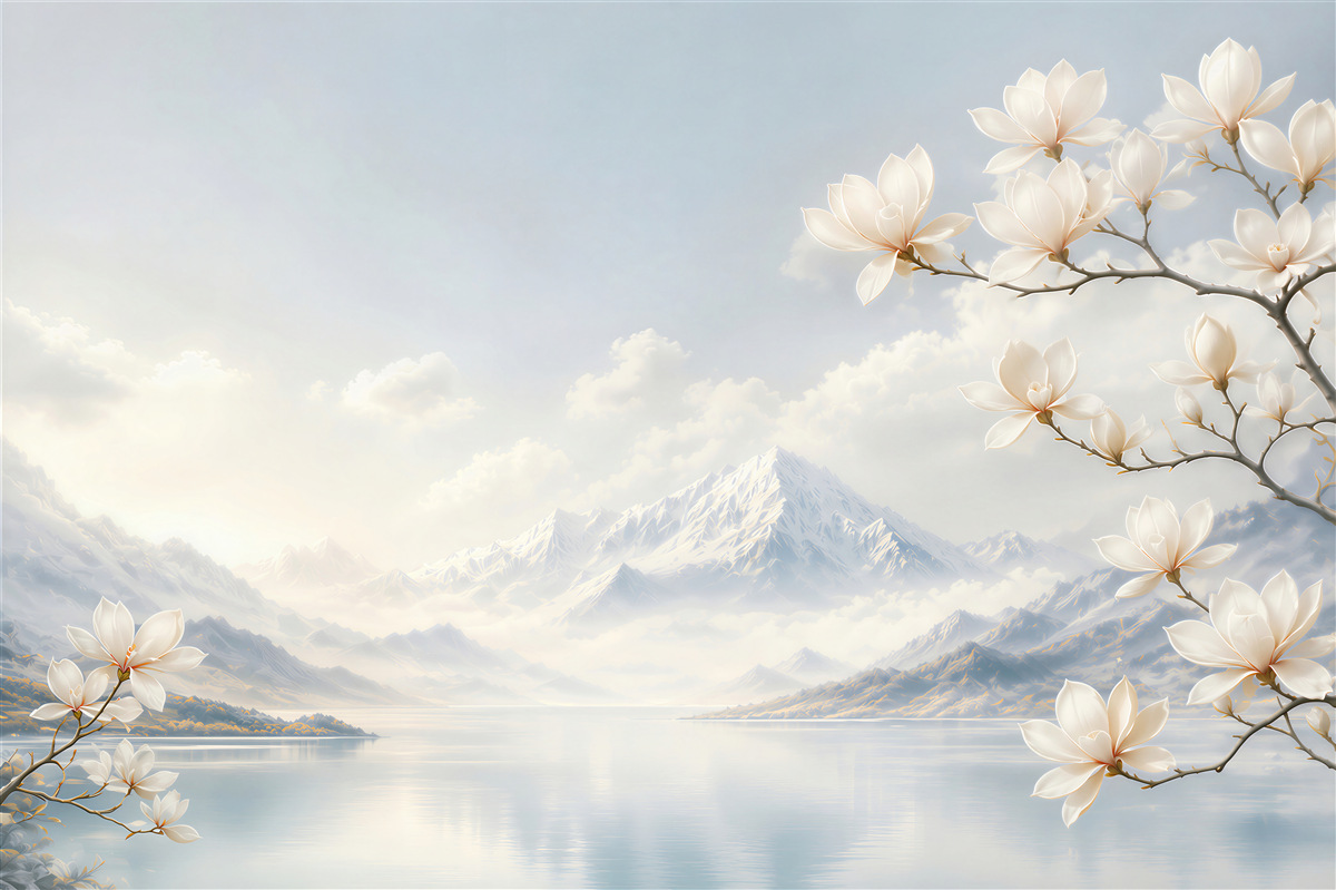 Fototapeta białe magnolie nad jeziorem i górami w pastelowych chmurach