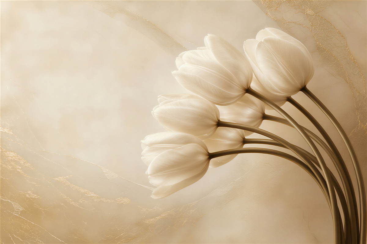 Fototapeta białe tulipany beżowe eleganckie do sypialni