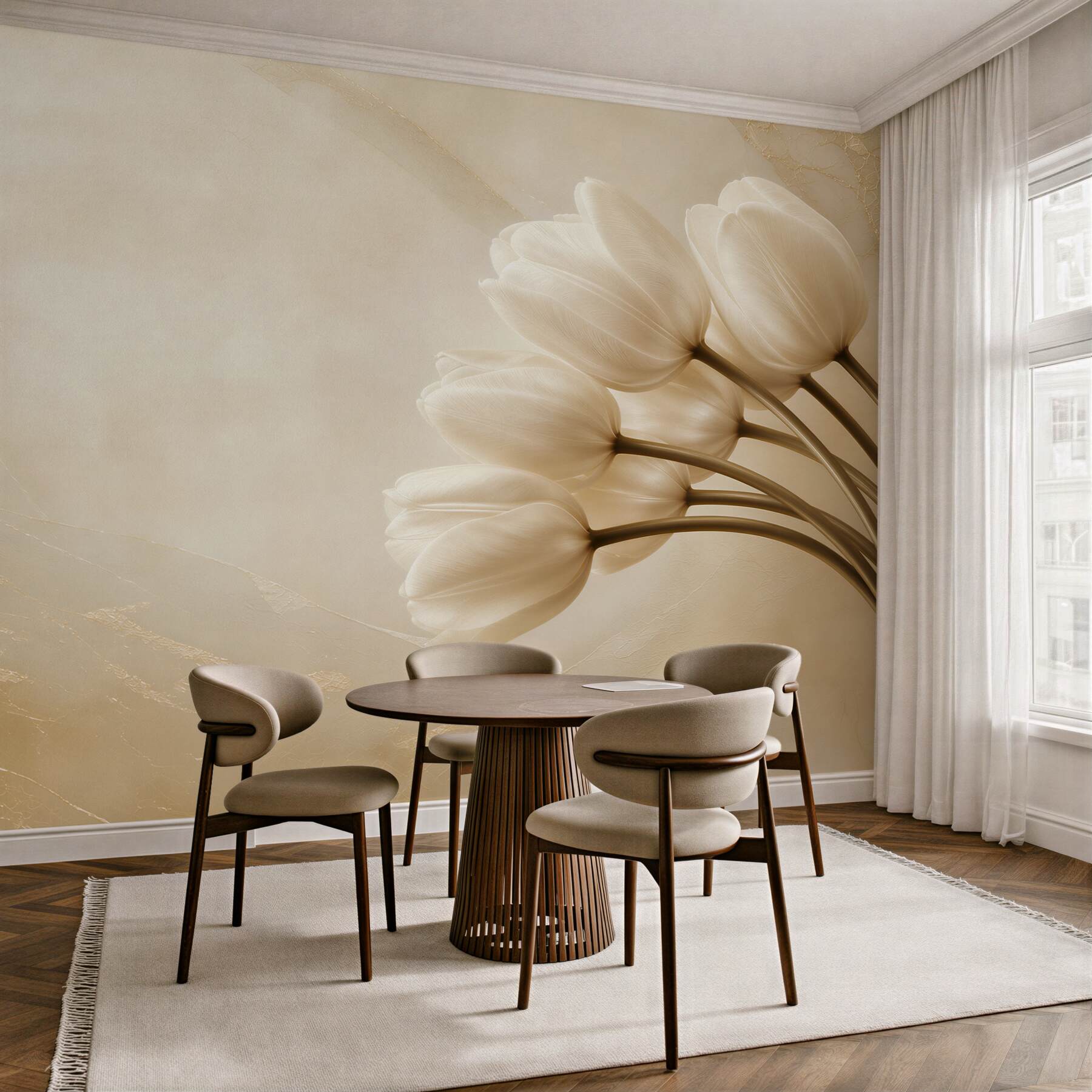 Fototapeta białe tulipany beżowe eleganckie do sypialni
