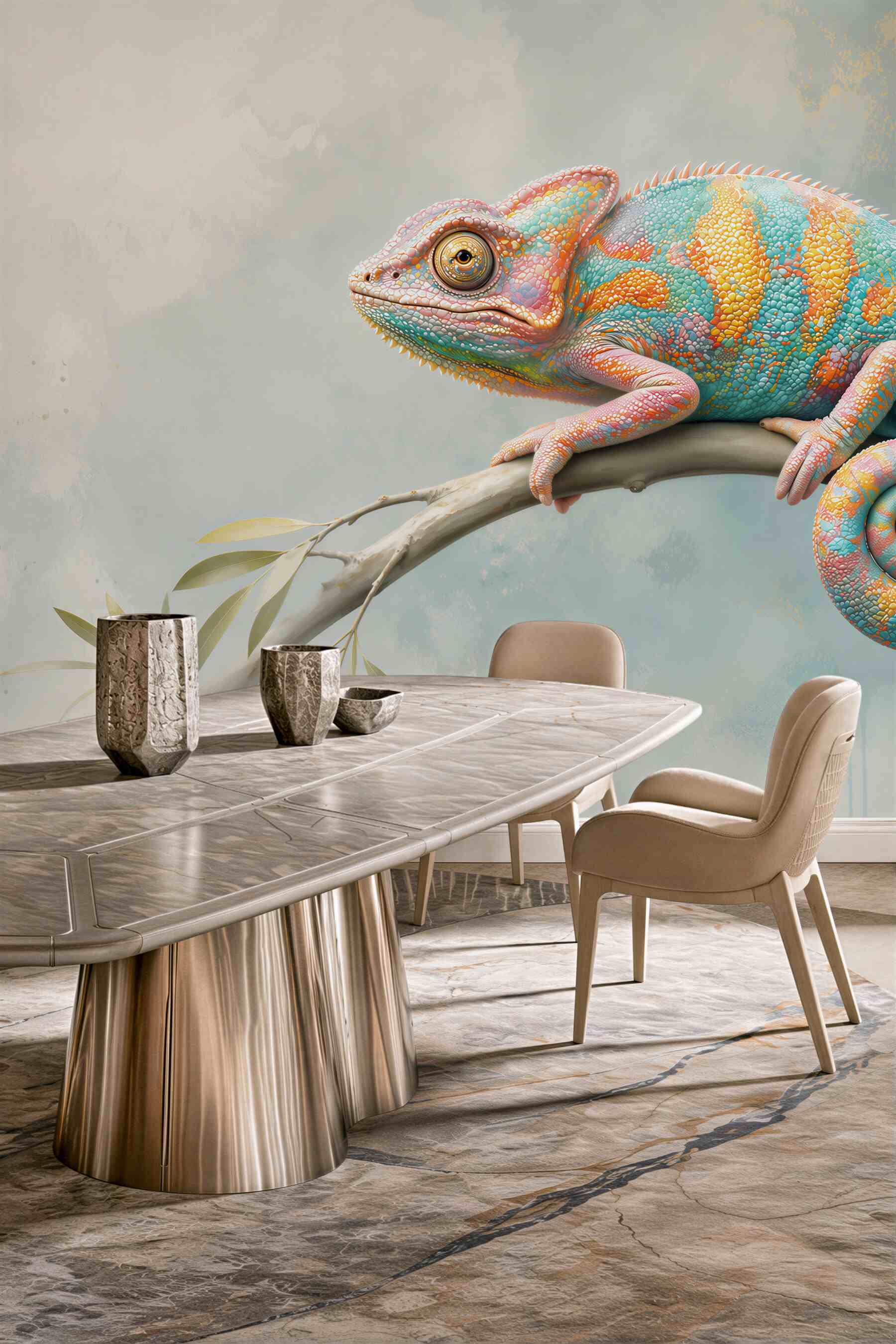 Fototapeta kolorowy kameleon na gałęzi w pastelowym stylu