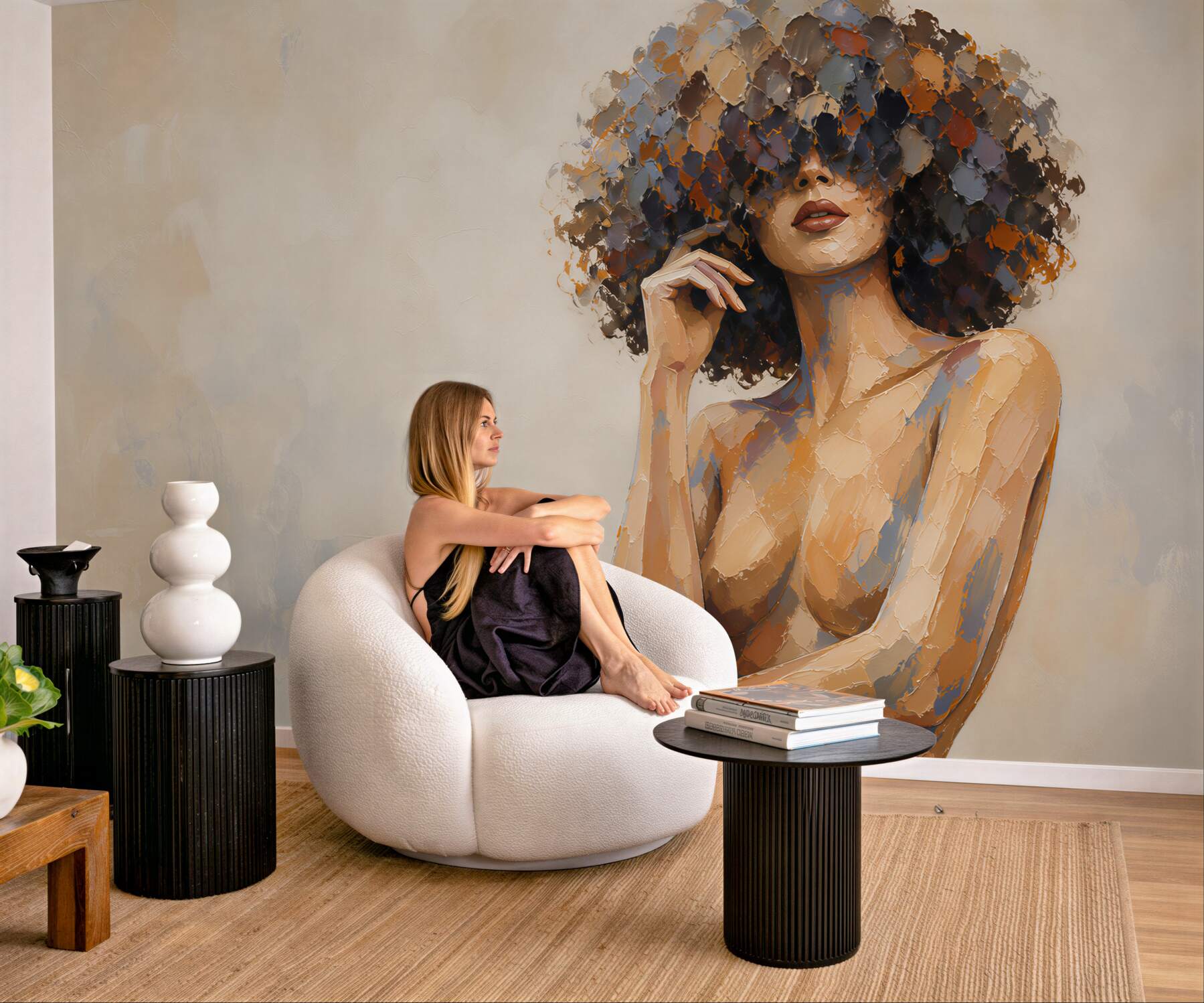Fototapeta kobieta afro portret nowoczesny w beżowych tonach