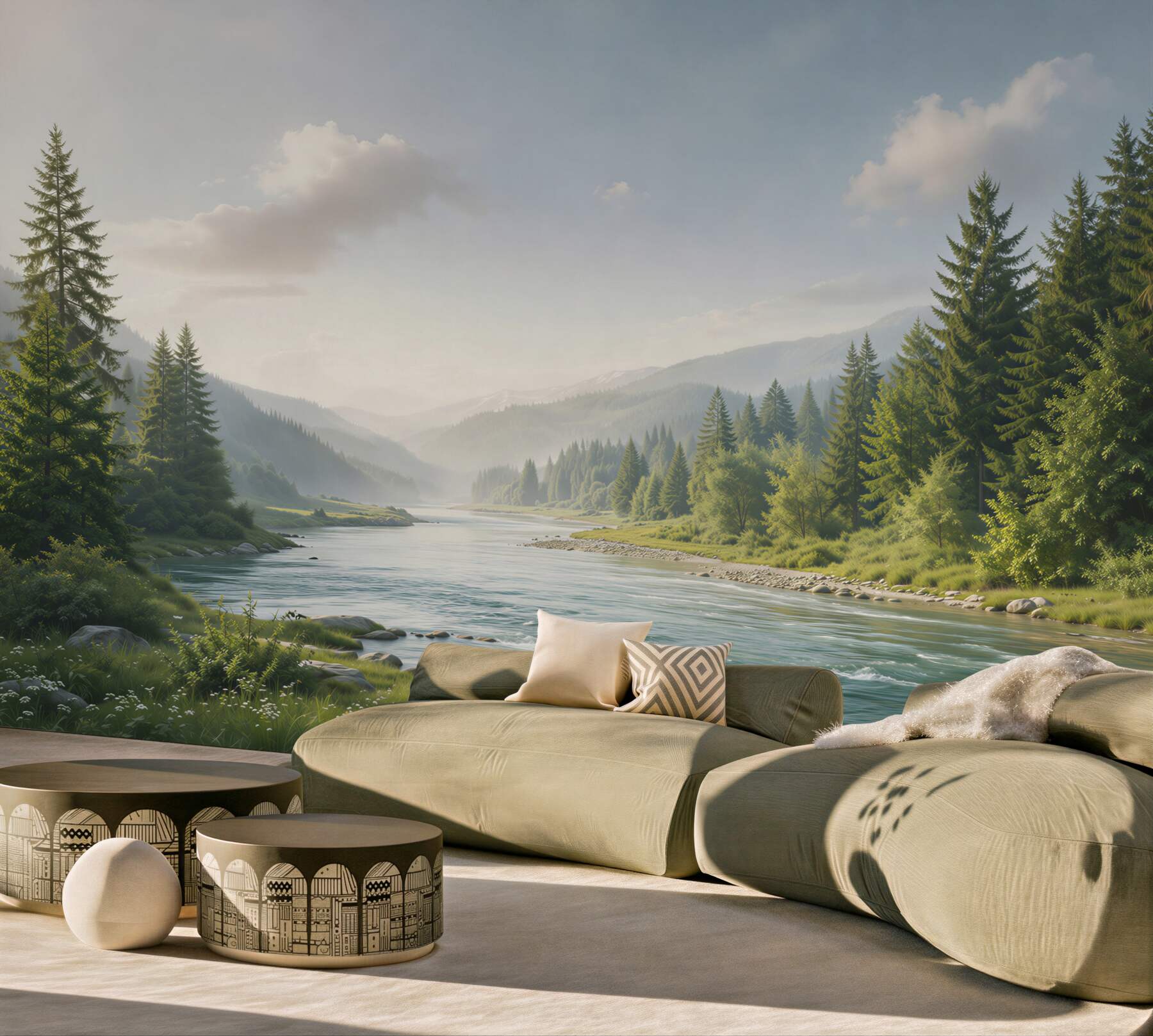 Fototapeta górska rzeka wśród sosnowego lasu spokojny krajobraz naturalny