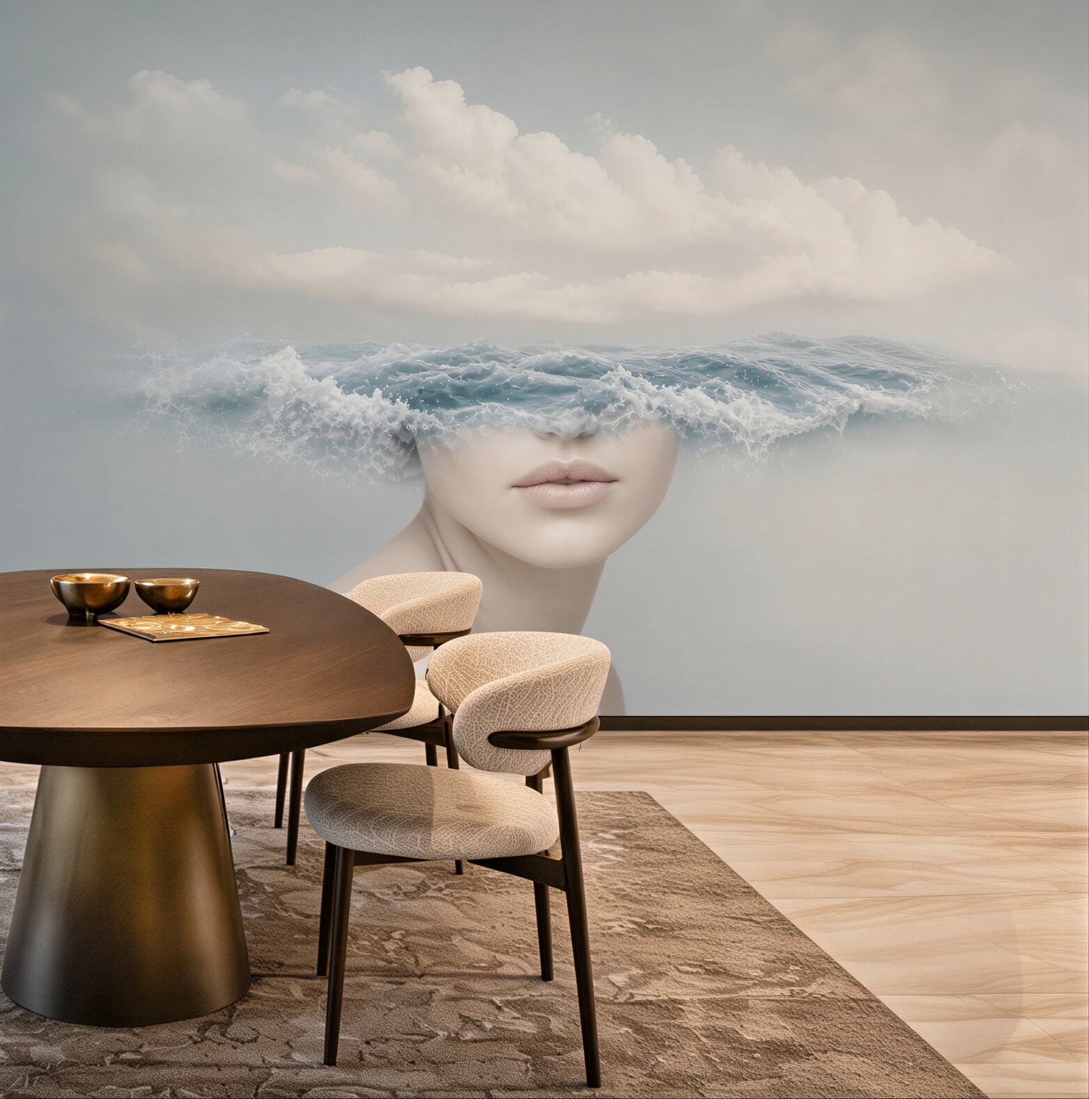 Fototapeta kobieta z falą morską surrealistyczna w delikatnych błękitach