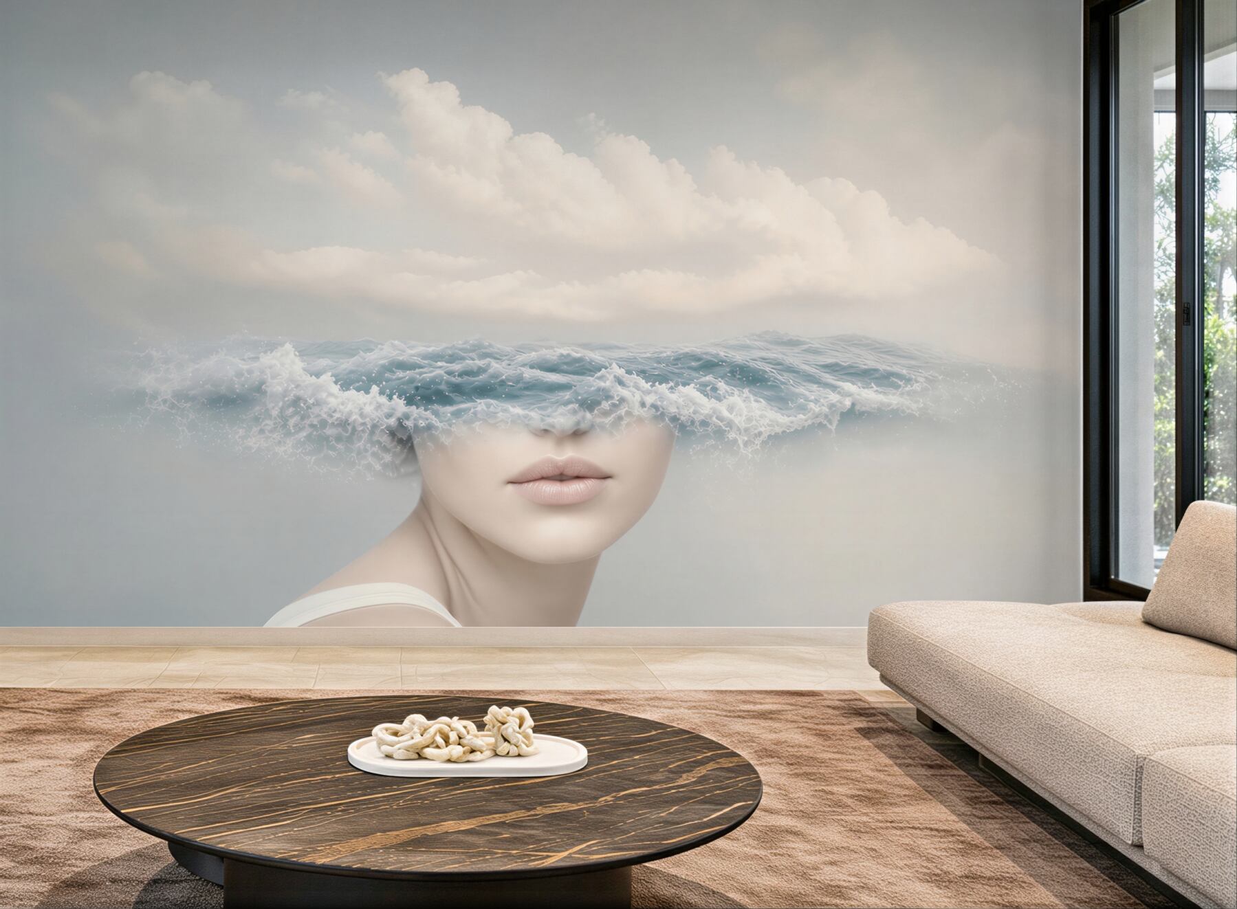 Fototapeta kobieta z falą morską surrealistyczna w delikatnych błękitach