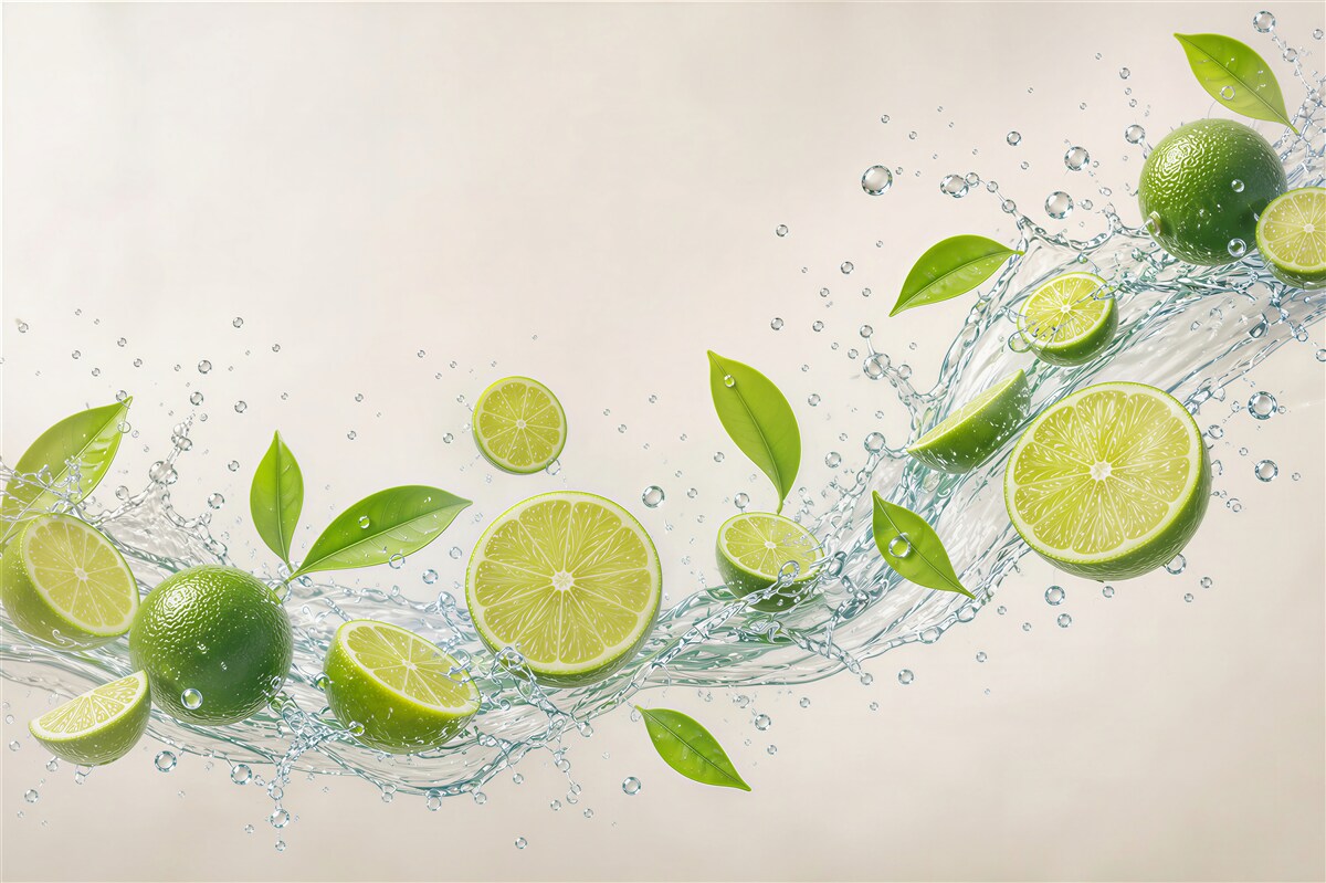 Fototapeta limonki z wodą i zielonymi liśćmi do nowoczesnej kuchni