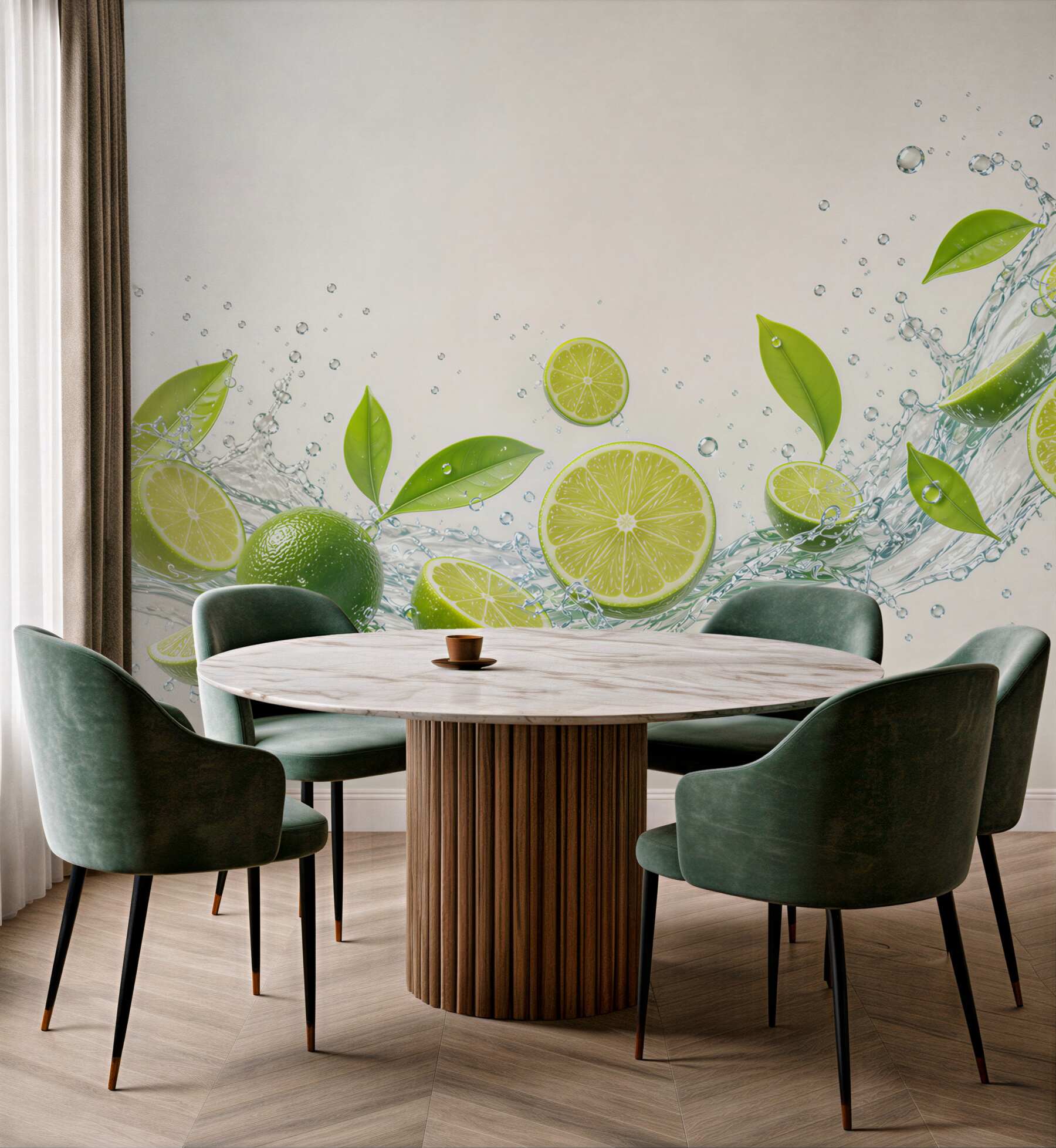 Fototapeta limonki z wodą i zielonymi liśćmi do nowoczesnej kuchni