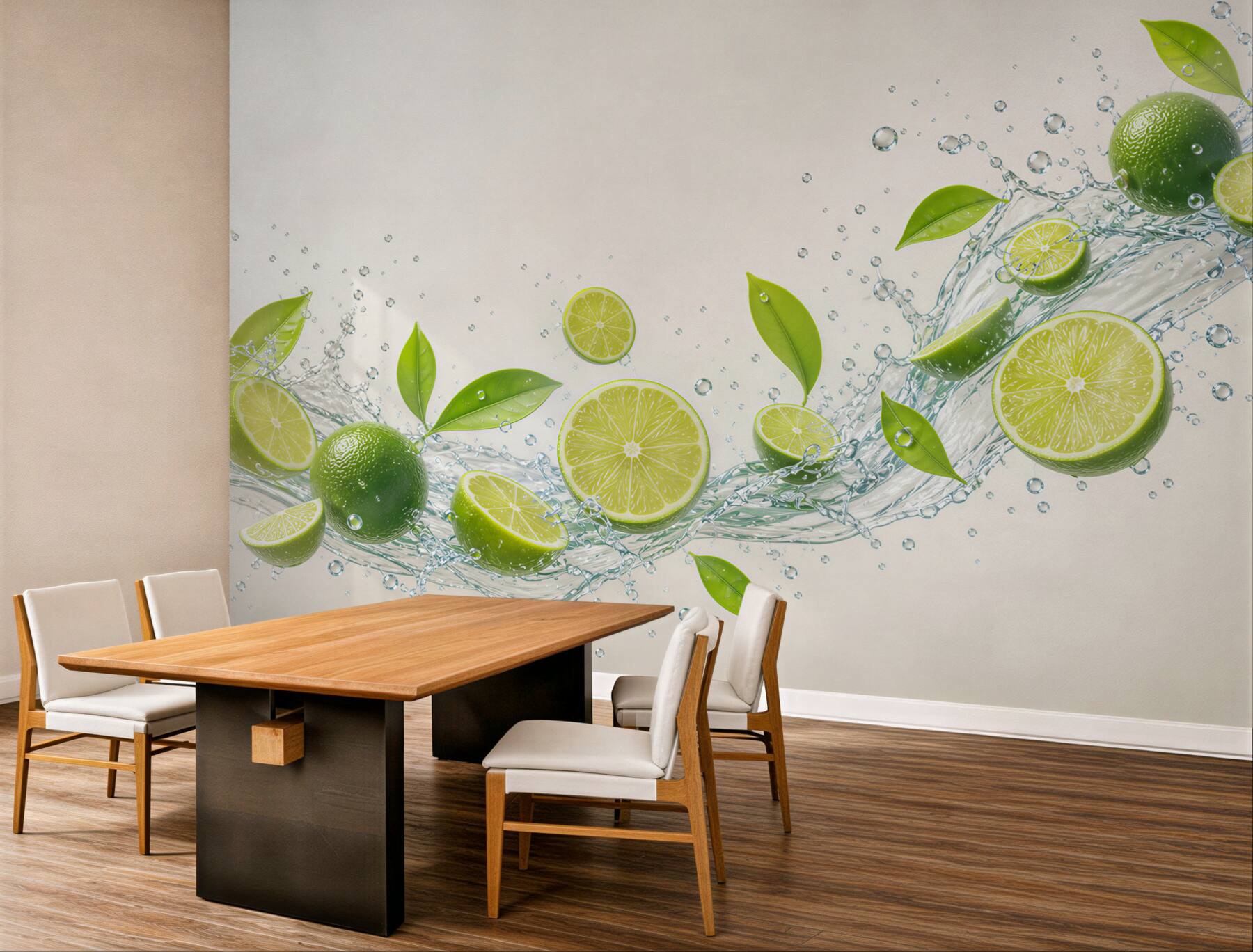Fototapeta limonki z wodą i zielonymi liśćmi do nowoczesnej kuchni