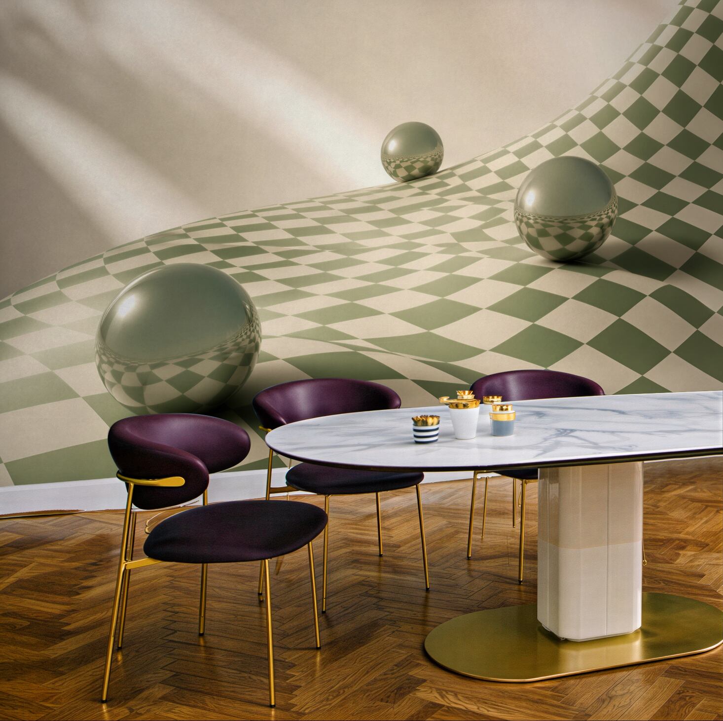 Fototapeta zielona szachownica 3D z lustrzanymi kulami nowoczesna
