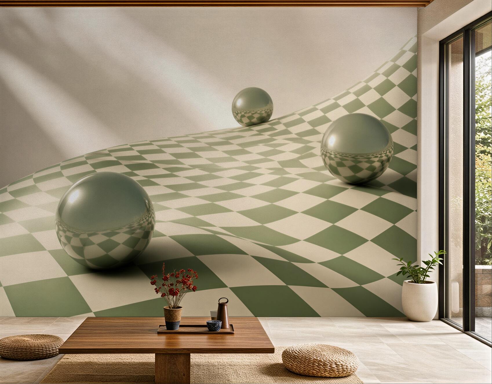 Fototapeta zielona szachownica 3D z lustrzanymi kulami nowoczesna