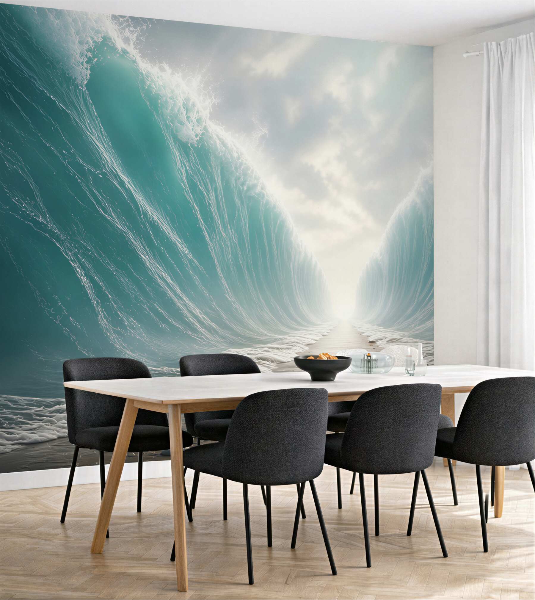 Fototapeta rozstąpione fale oceanu turkusowe z plażą i niebem