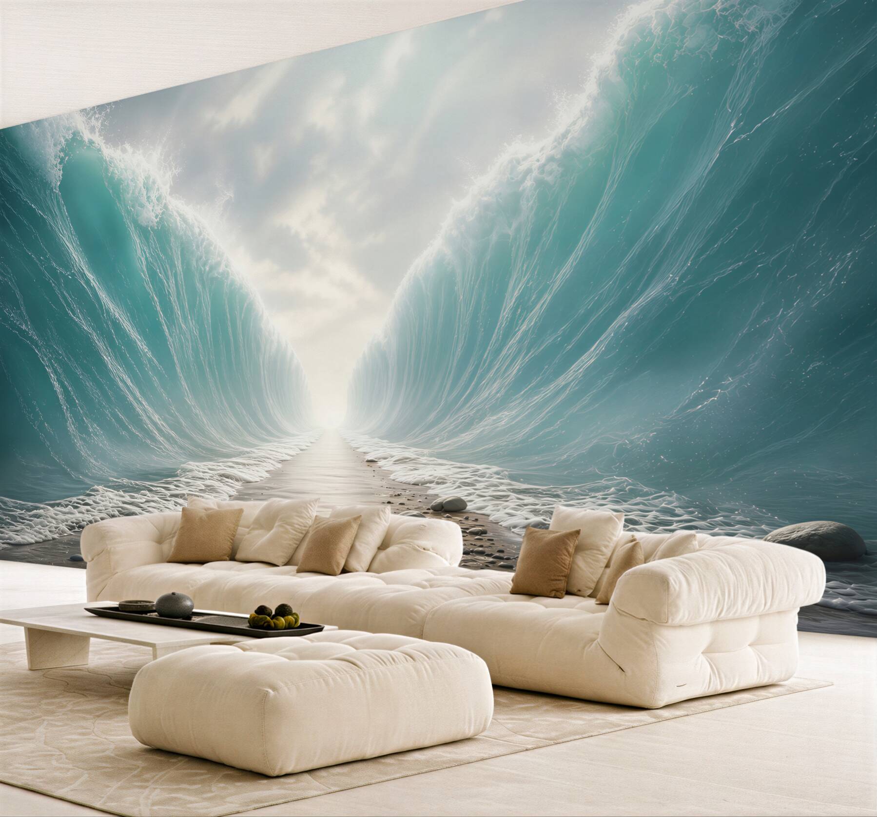 Fototapeta rozstąpione fale oceanu turkusowe z plażą i niebem