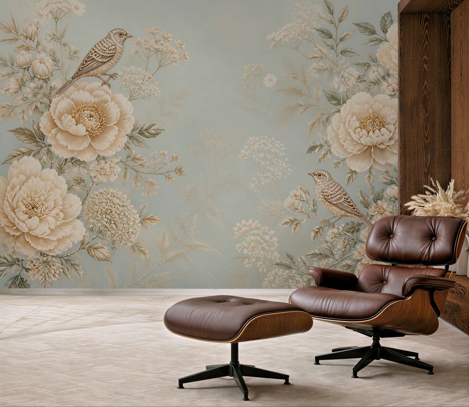 Fototapeta beżowe kwiaty i ptaki na błękitnym tle romantyczna
