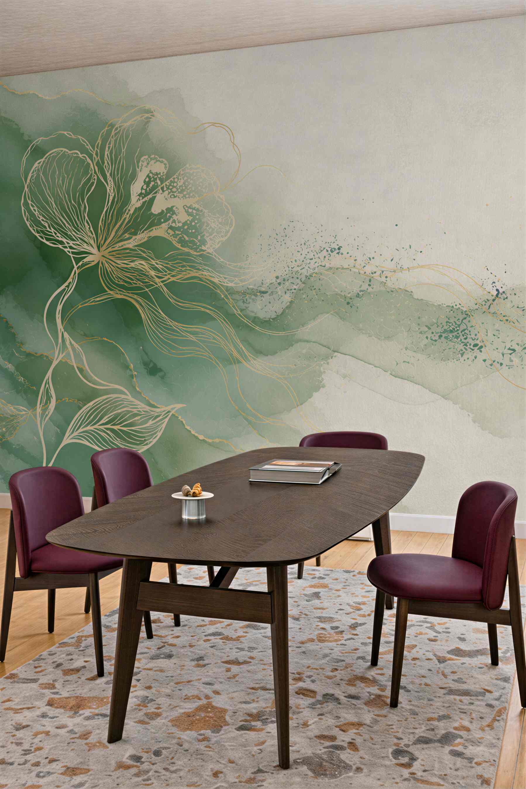 Fototapeta abstrakcyjny kwiat zielono beżowy ze złotą linią elegancka