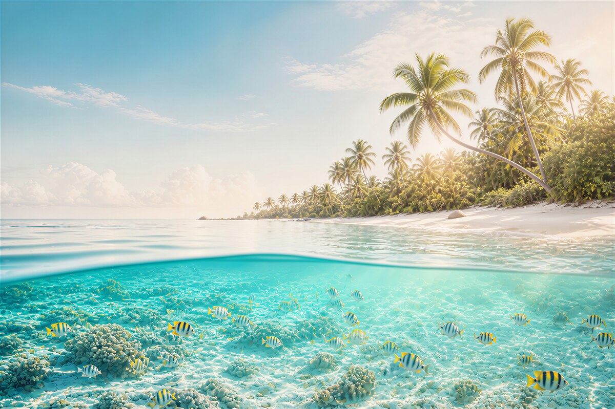 Fototapeta tropikalna plaża z palmami i turkusową wodą oceaniczną