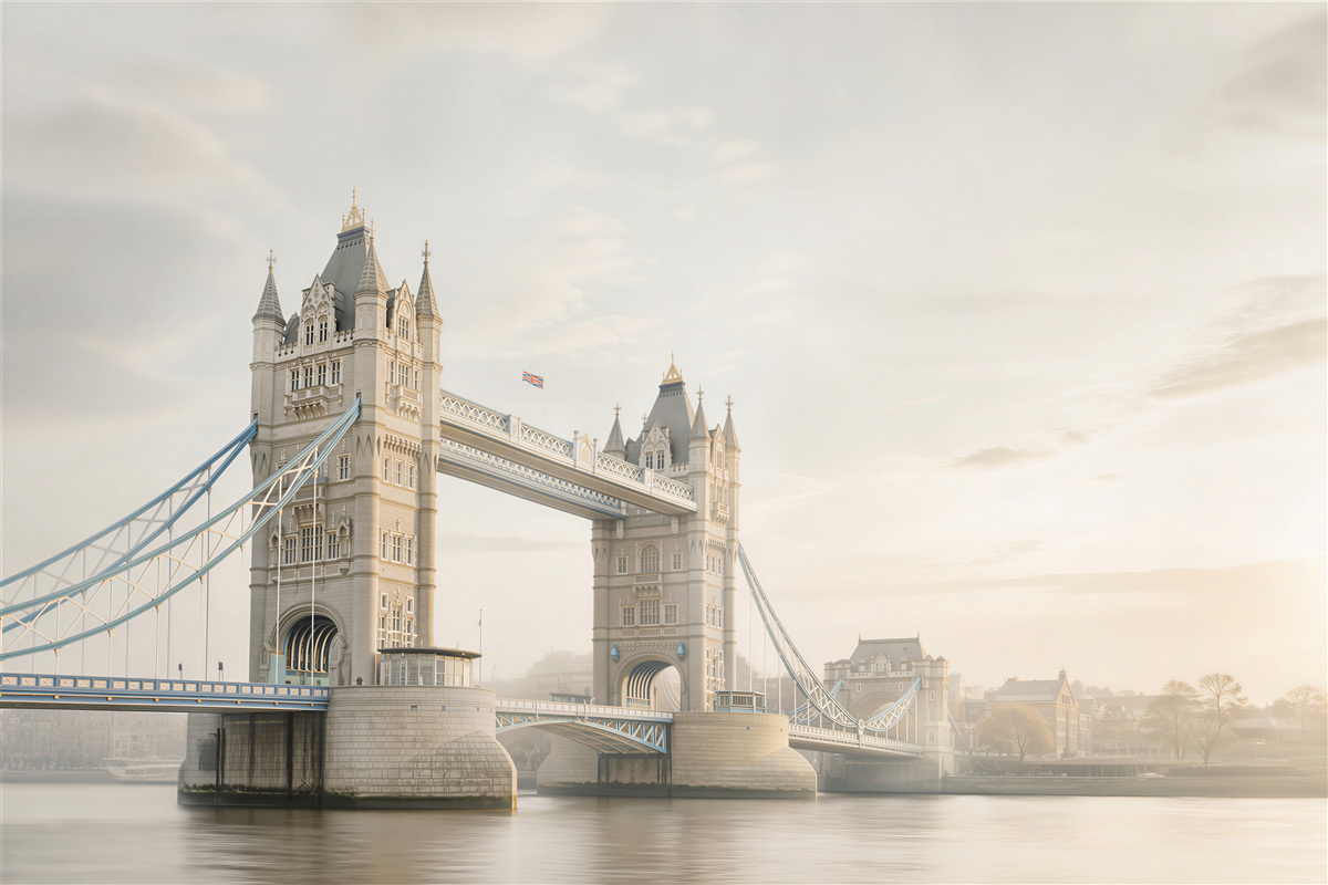 Fototapeta Tower Bridge w Londynie we mgle pastelowy pejzaż miejski
