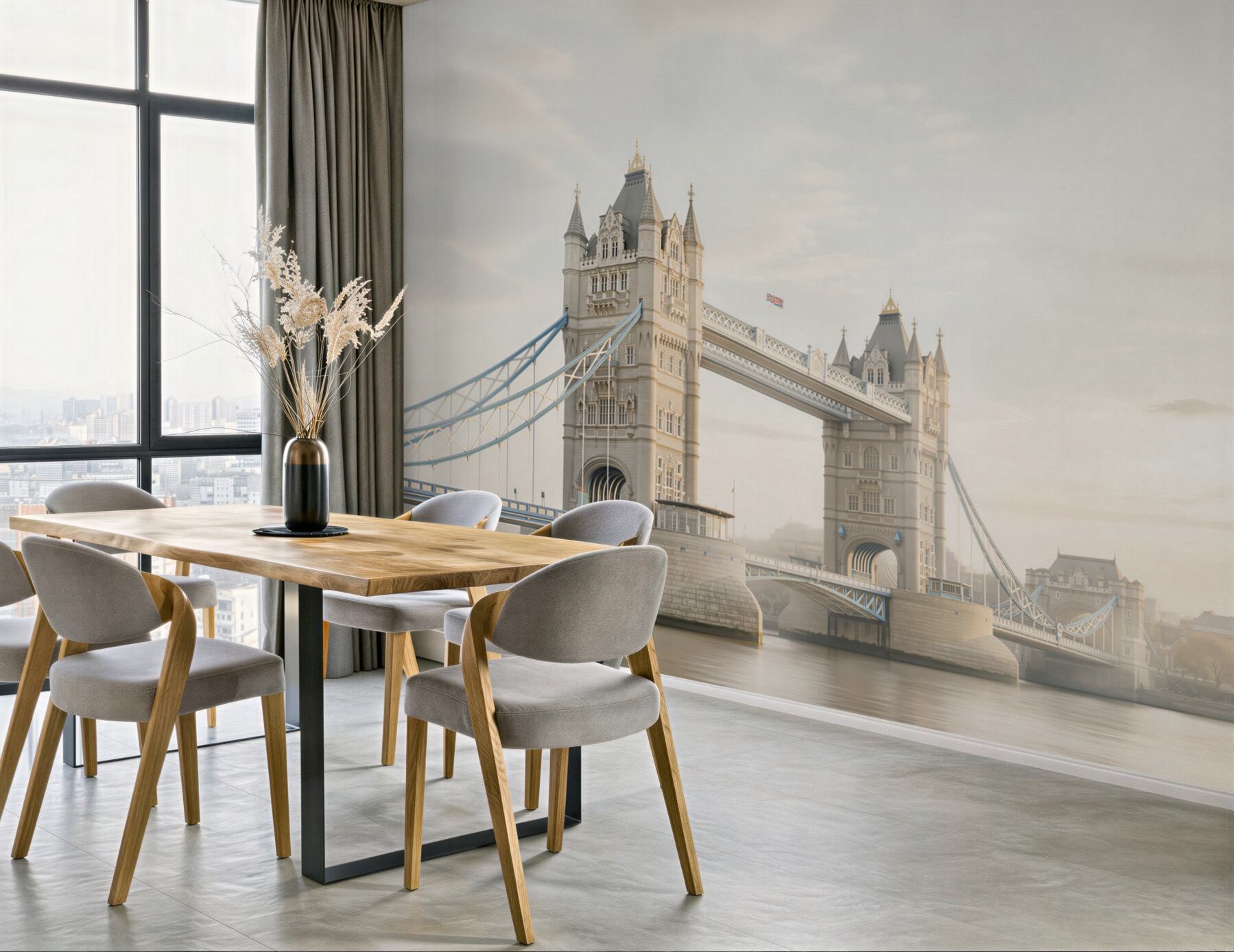 Fototapeta Tower Bridge w Londynie we mgle pastelowy pejzaż miejski