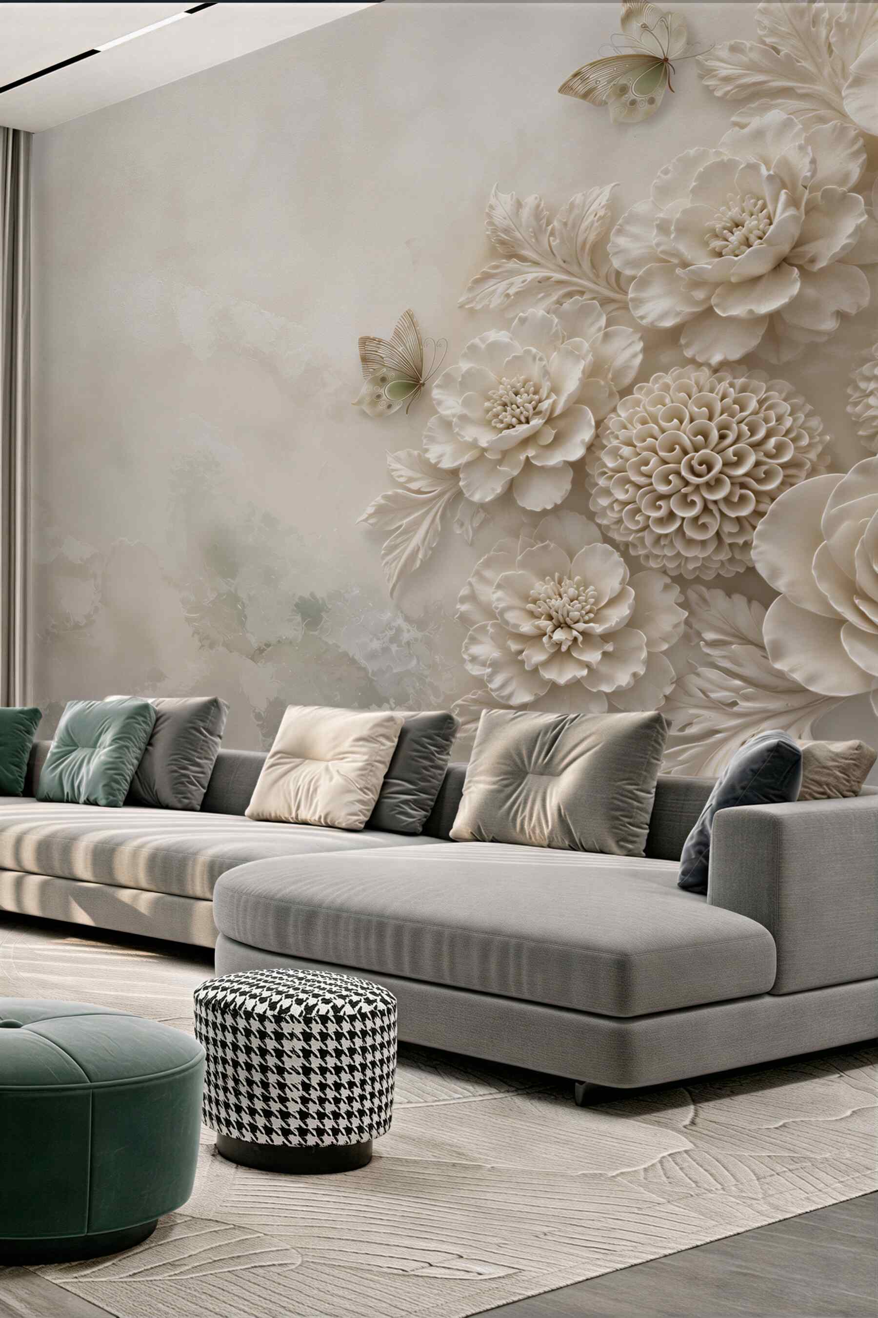 Fototapeta kwiaty 3D beżowe róże i piwonie z motylami elegancka