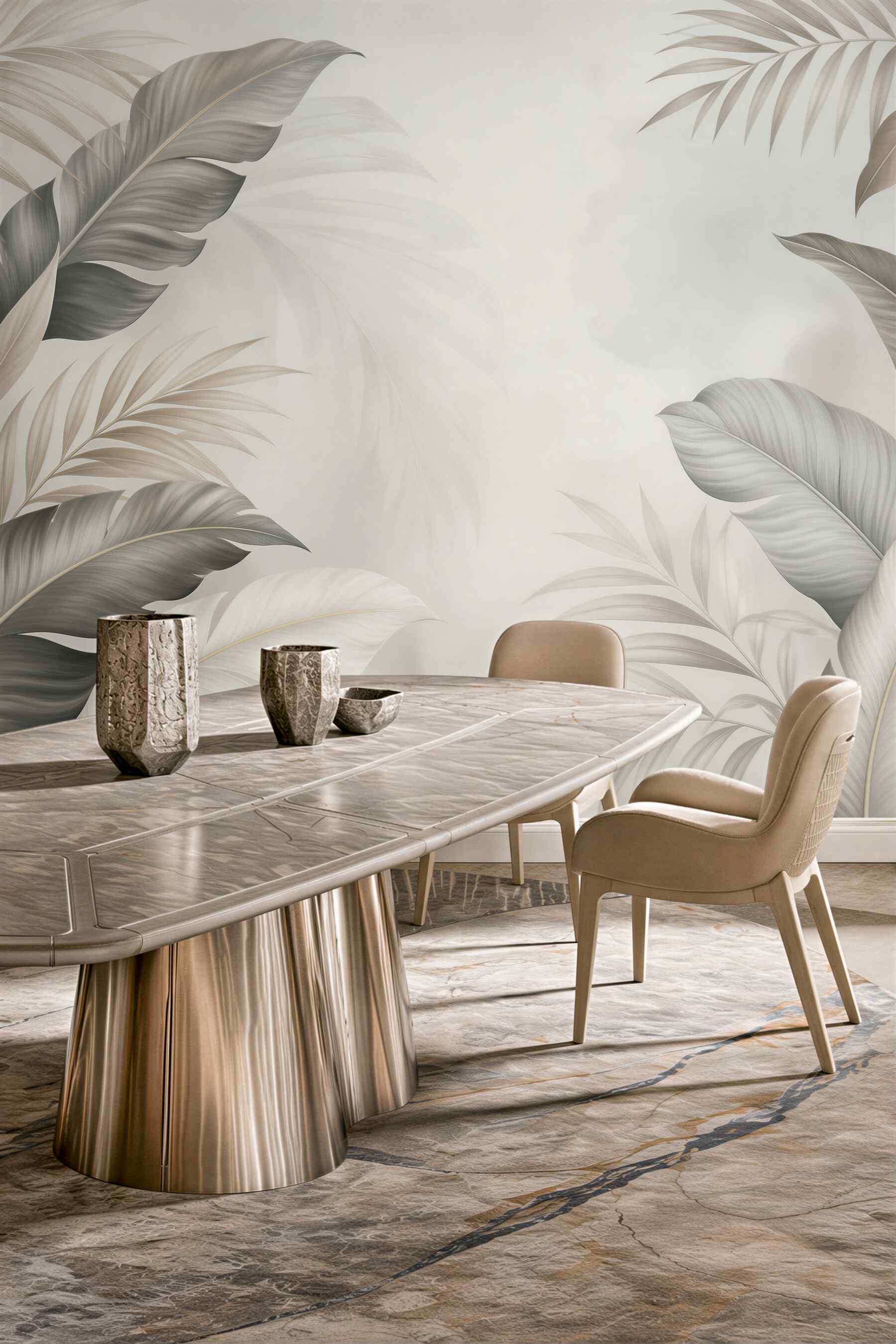 Fototapeta liście tropikalne beżowo szare eleganckie do salonu
