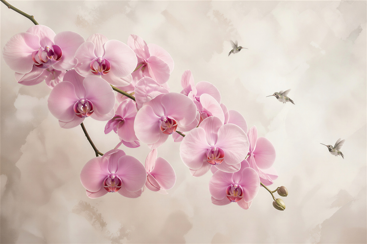 Fototapeta różowe storczyki z kolibrami na jasnym eleganckim tle