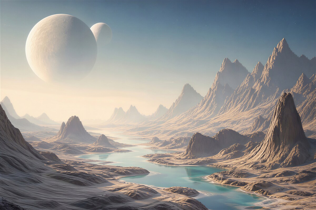Fototapeta kosmiczny krajobraz z planetami i błękitnym jeziorem