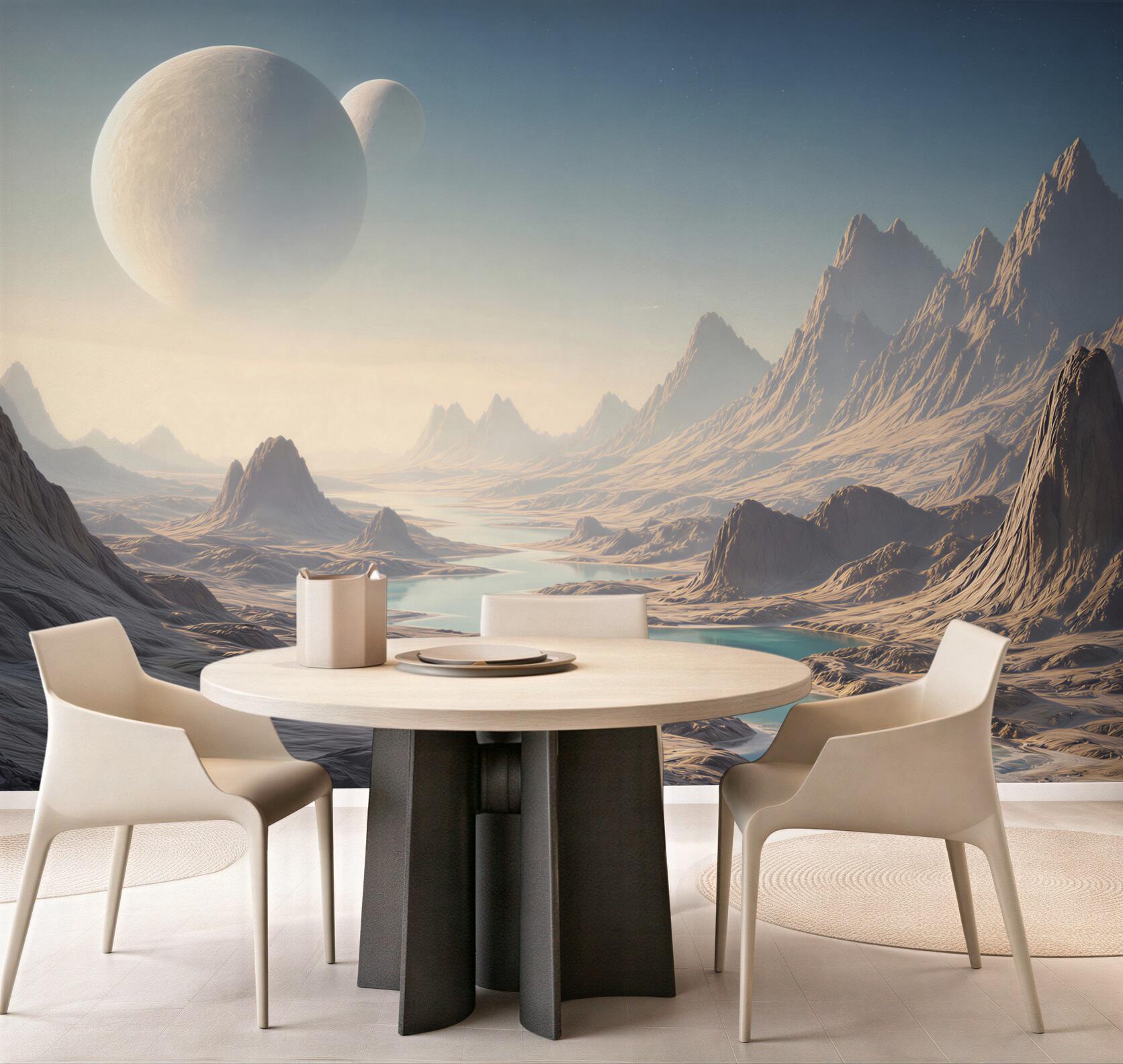 Fototapeta kosmiczny krajobraz z planetami i błękitnym jeziorem