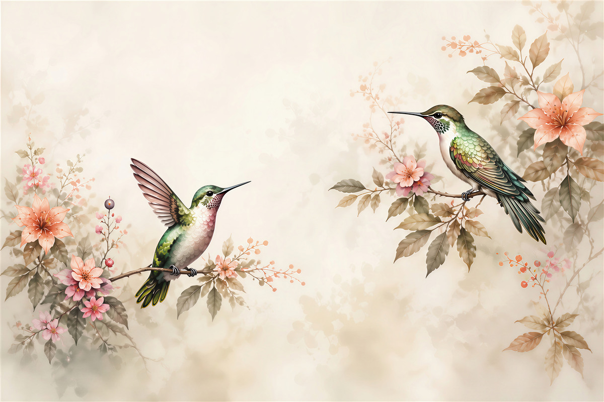 Fototapeta kolibry na gałęziach z kwiatami pastelowa romantyczna