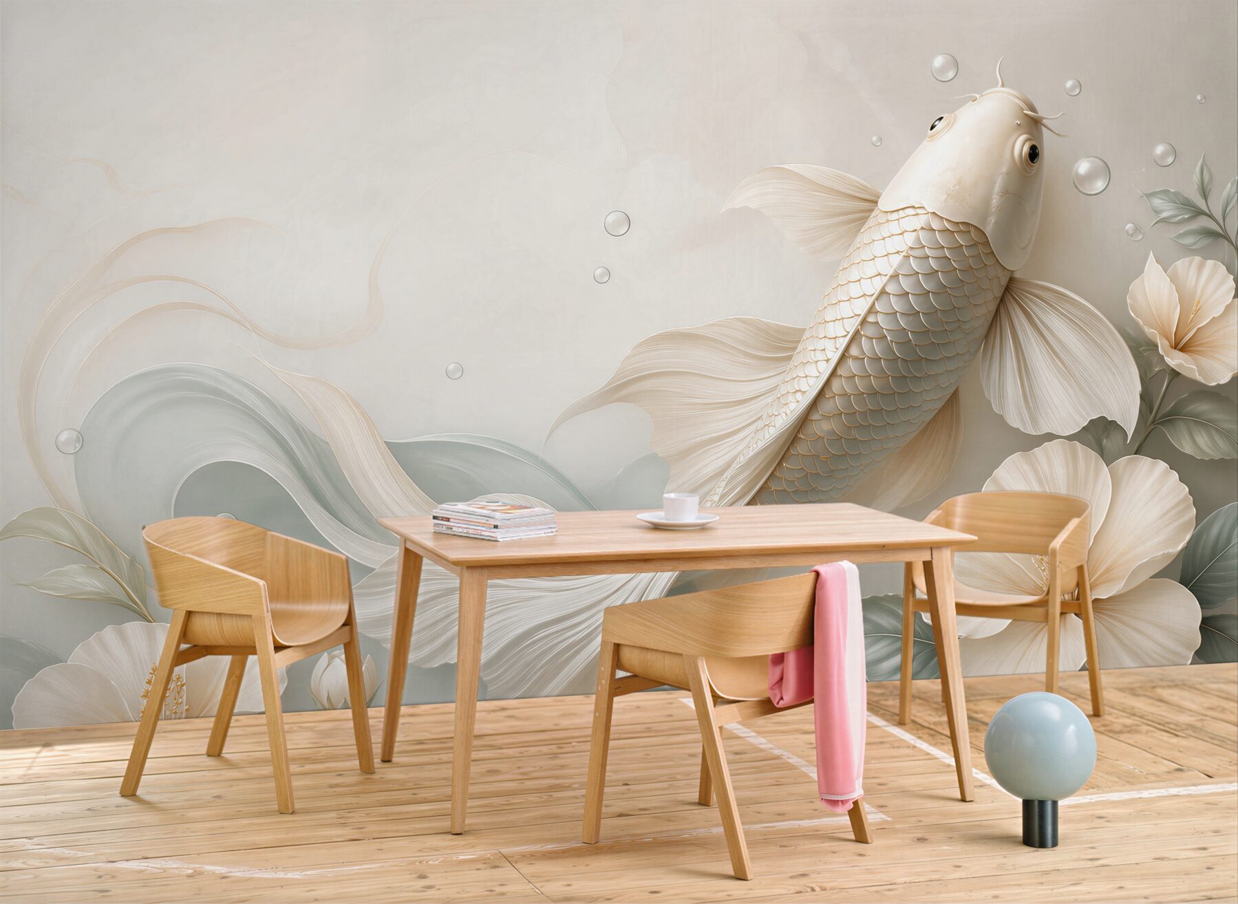 Fototapeta biały karp koi z kwiatami i falami w pastelowym stylu